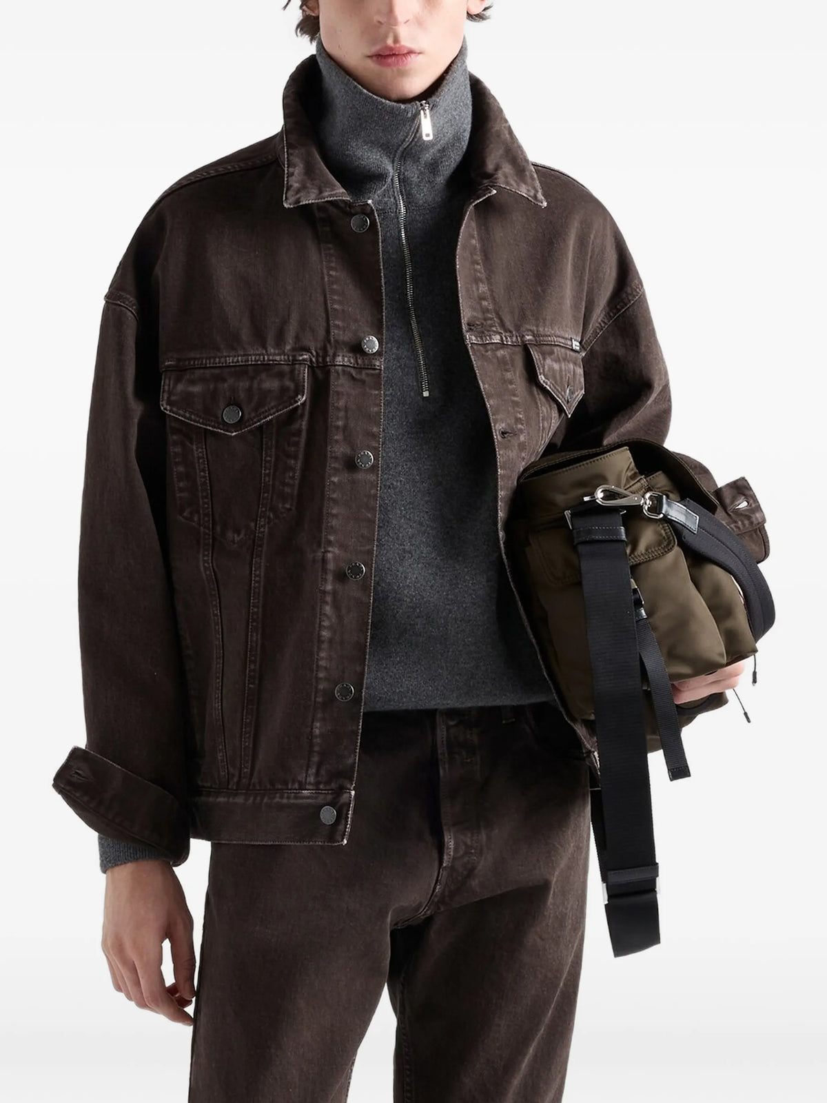 Image of Grey Wool and Cashmere Polo by Prada for Men - Season Autumn-Winter 2026 - Model View 1
