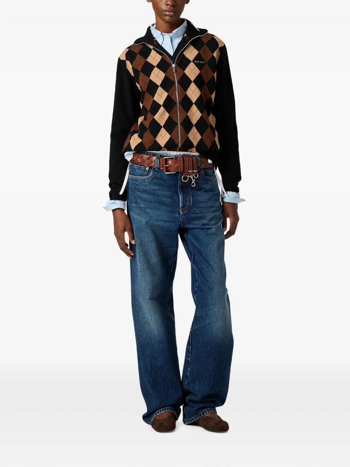 Image of Argyle Cashmere Zip Cardigan by Miu Miu for Women - Season Autumn-Winter 2026 - Model View 1