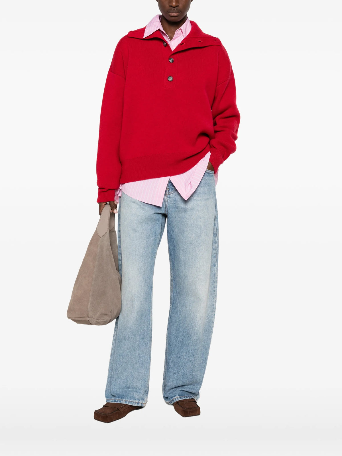 Image of Red High-Neck Knit Sweater by Ami PARIS for Unisex - Season Autumn-Winter 2026 - Model View 1
