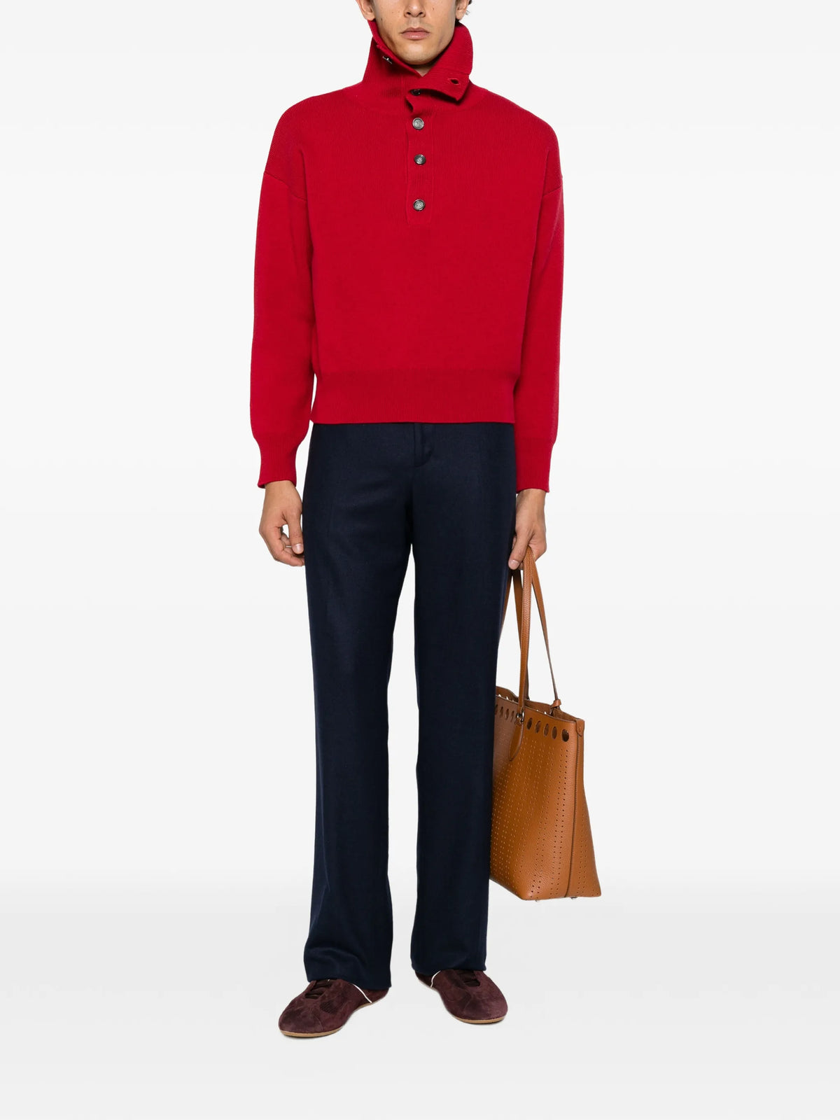 Image of Red High-Neck Knit Sweater by Ami PARIS for Unisex - Season Autumn-Winter 2026 - Model View 2