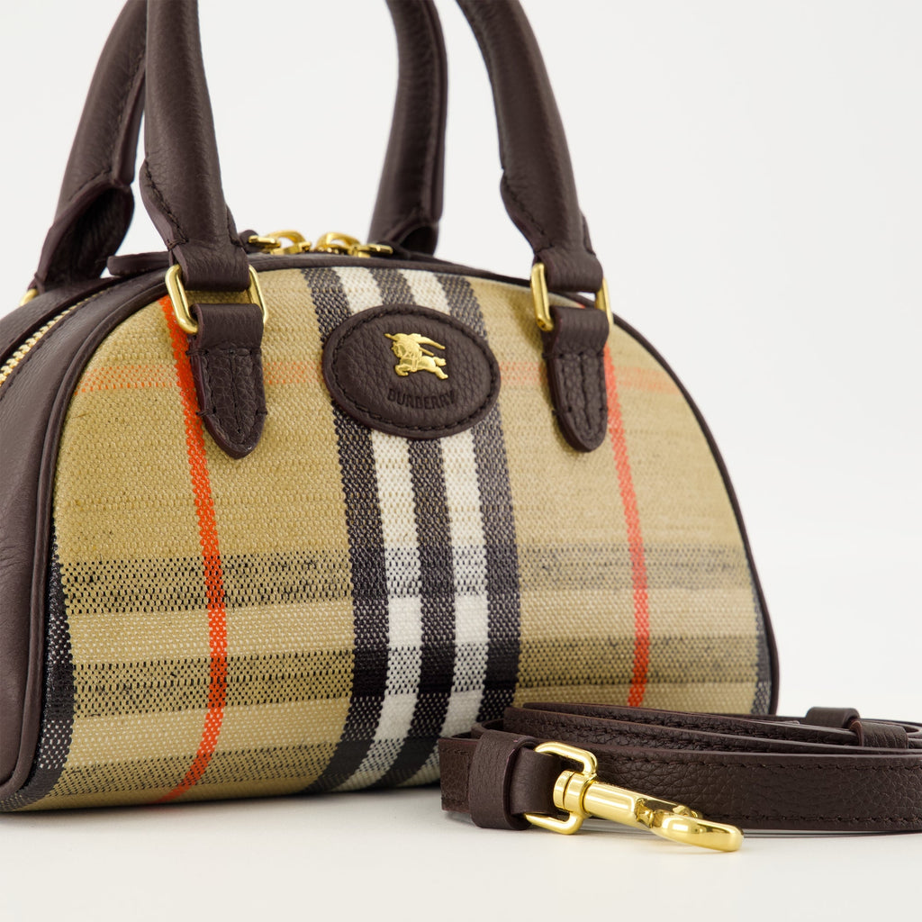 Burberry mini bag, bowling bag, cotton linen bag, check pattern bag, adjustable shoulder strap