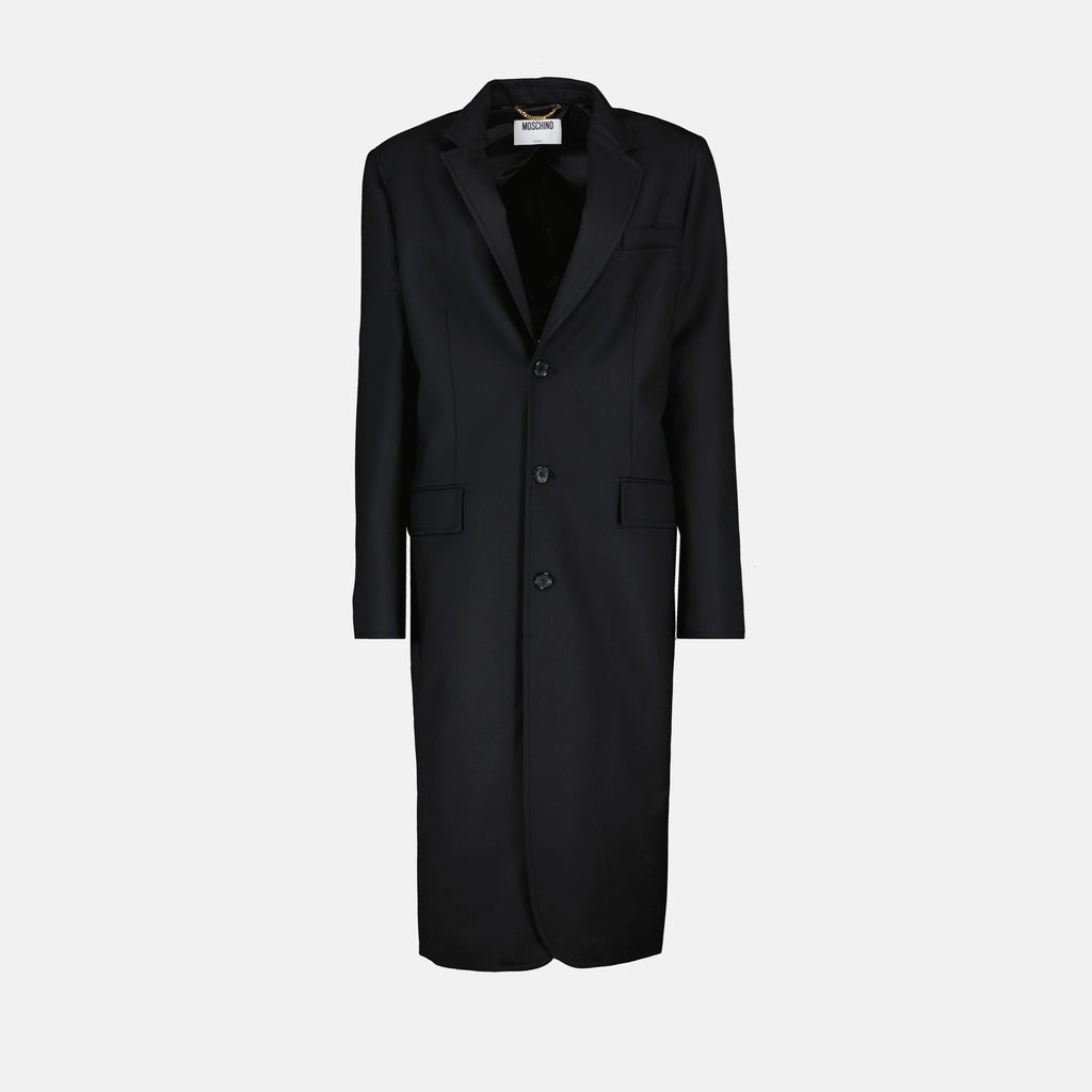 Moschino coat, black wool coat, long sleeve coat, satin details coat, Autumn-Winter collection