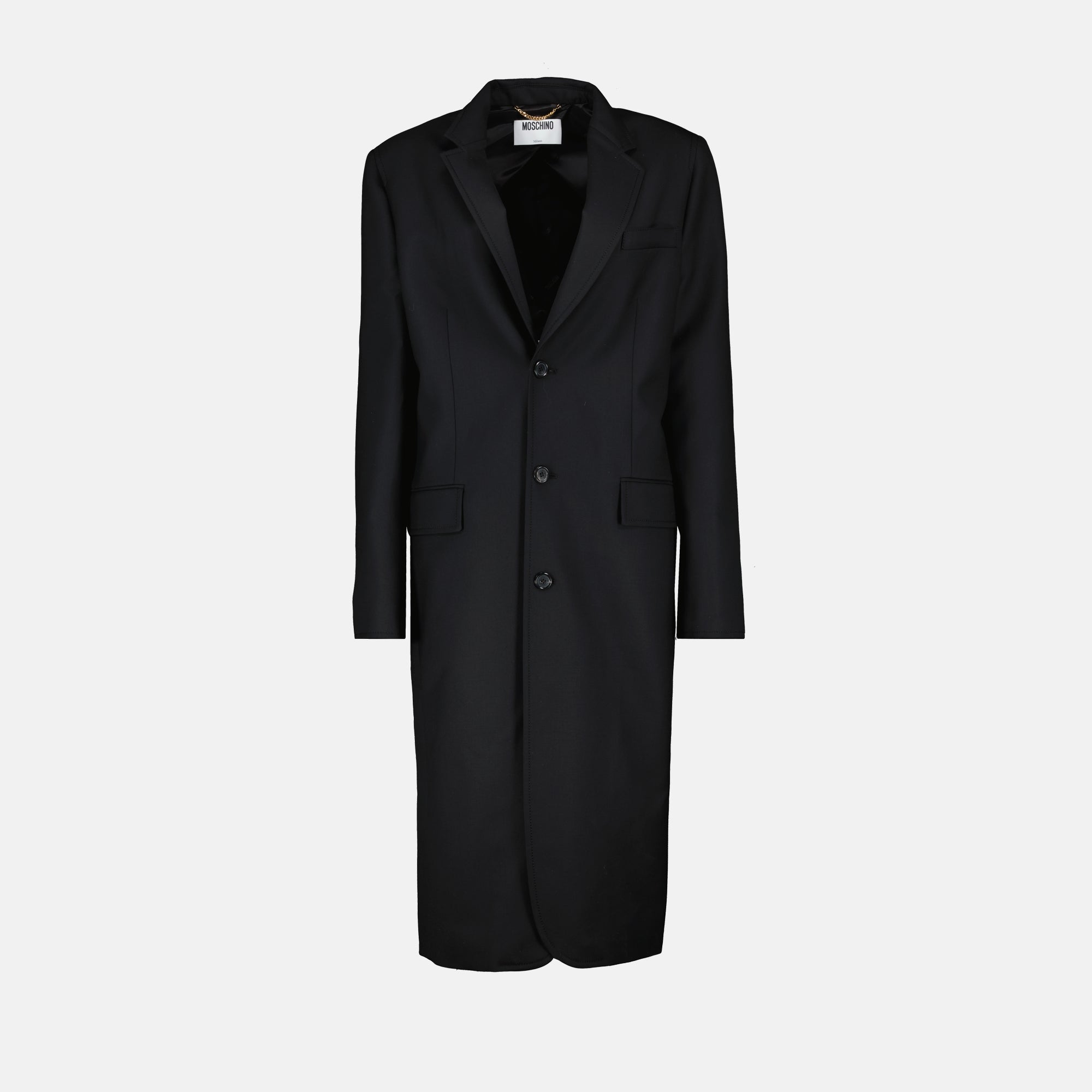 Moschino coat, black wool coat, long sleeve coat, satin details coat, Autumn-Winter collection