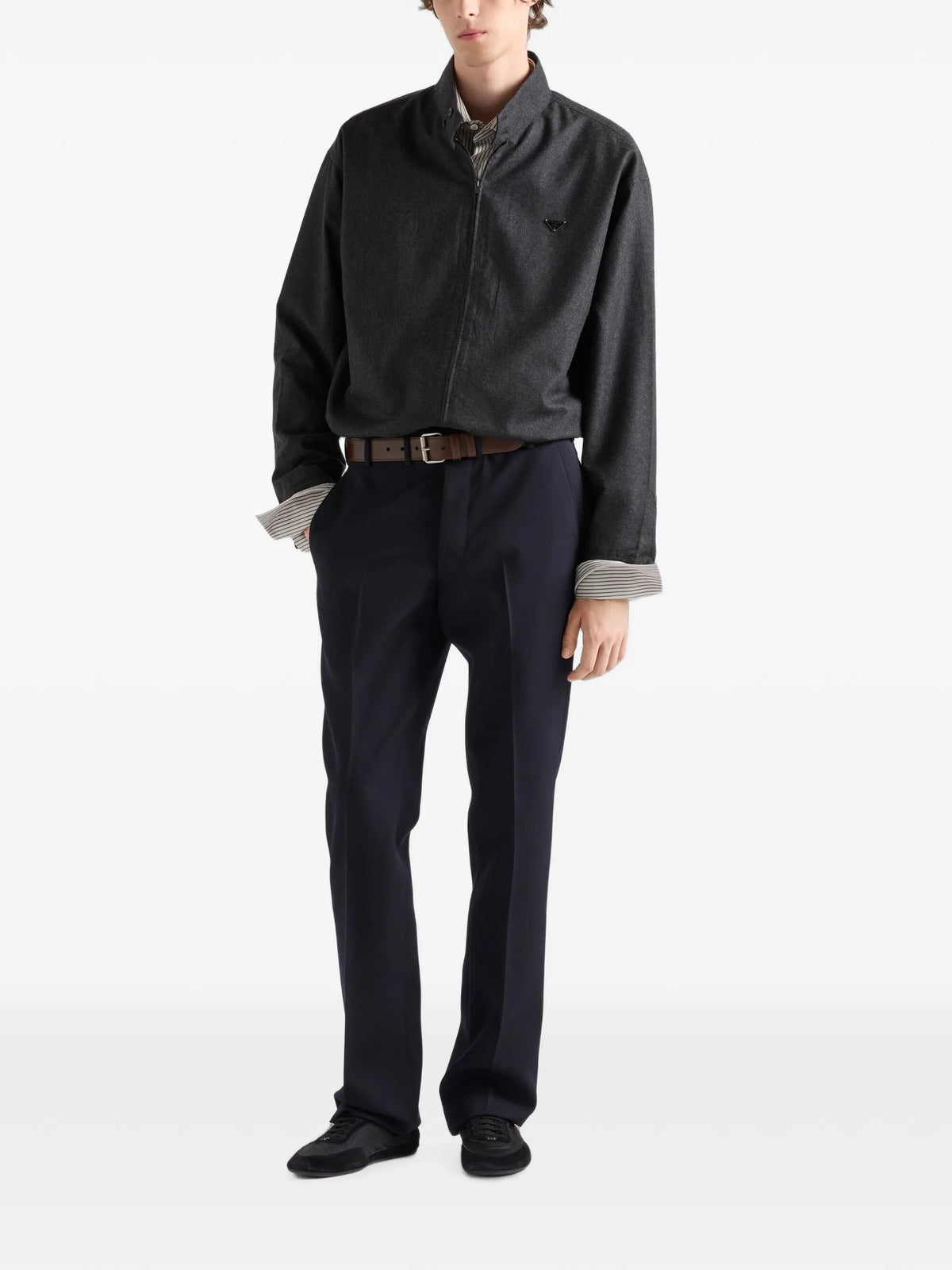 Image of Grey Wool Zip-Up Jacket by Prada for Men - Season Autumn-Winter 2026 - Model View 1