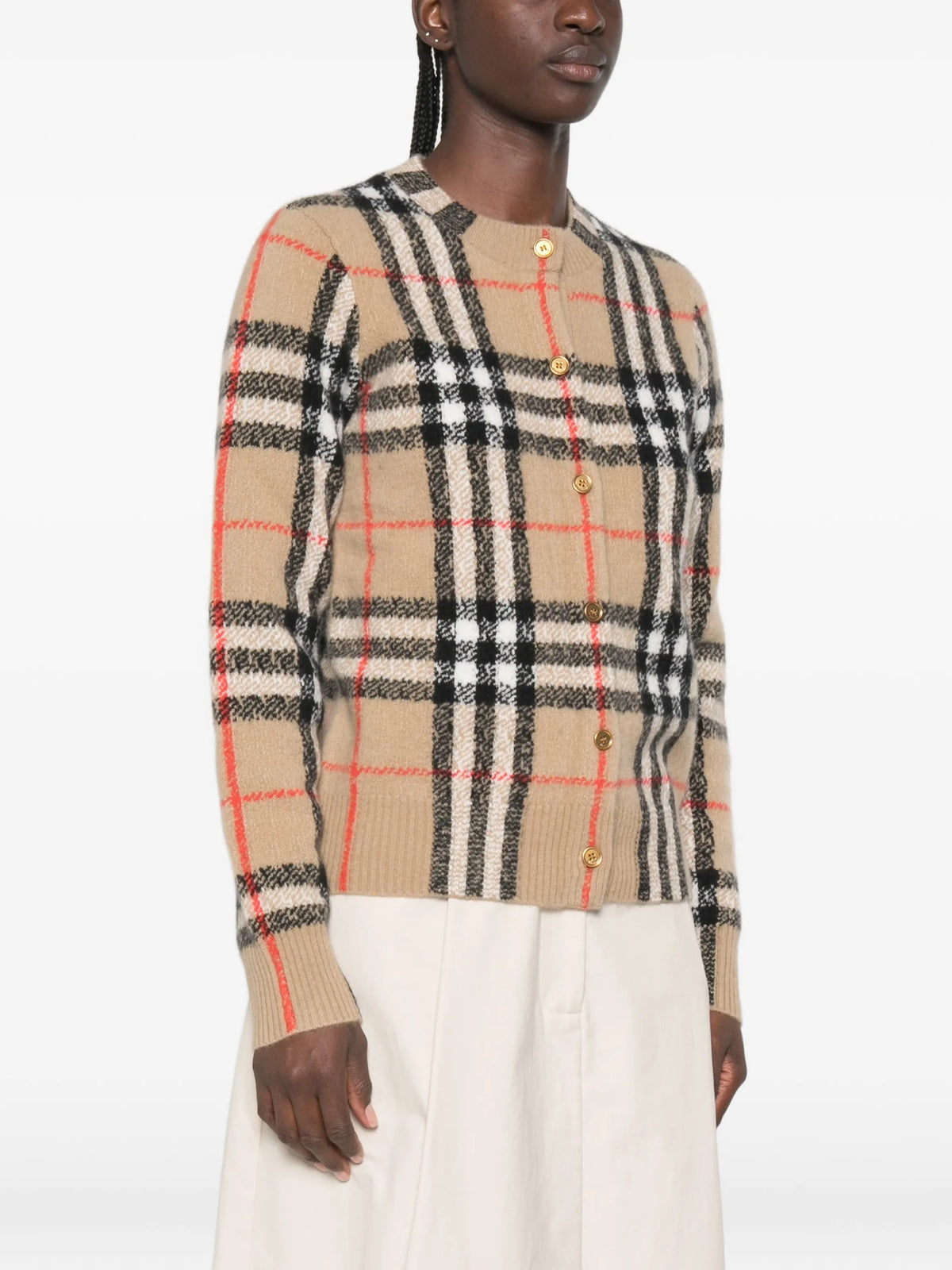 Image of Check Cashmere Cardigan by Burberry for Women - Season Autumn-Winter 2026 - Model View 2