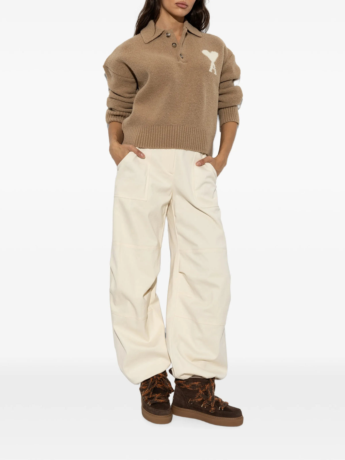 Image of Beige Alpaca Sweater with Heart Logo by Ami PARIS for Unisex - Season Autumn-Winter 2026 - Model View 2
