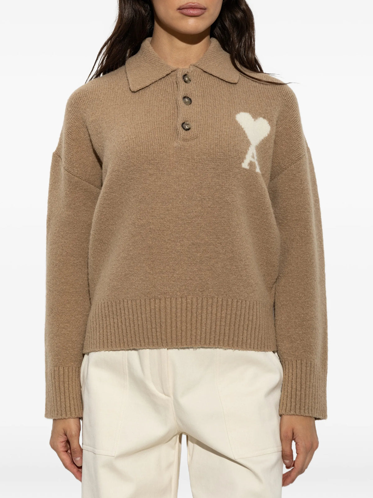 Image of Beige Alpaca Sweater with Heart Logo by Ami PARIS for Unisex - Season Autumn-Winter 2026 - Model View 1