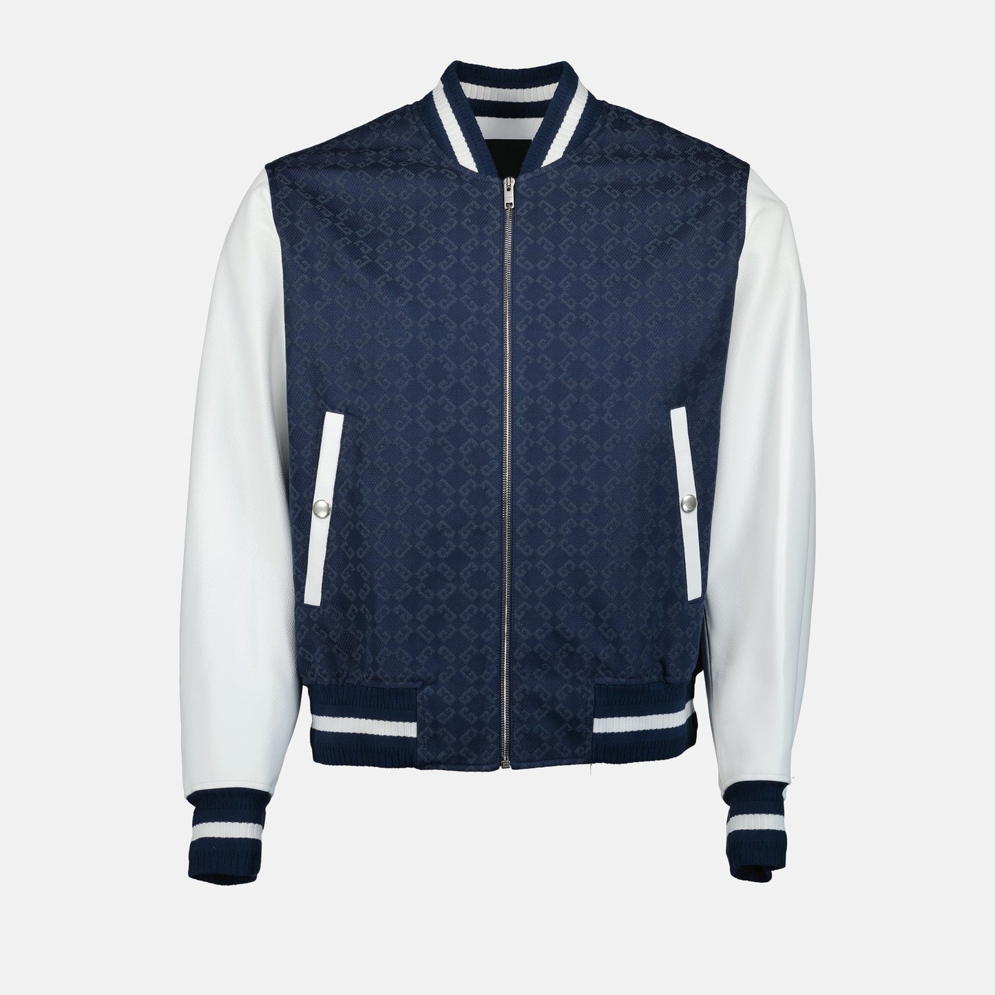 denim bomber, varsity jacket, leather sleeves, monogram design, Givenchy jacket