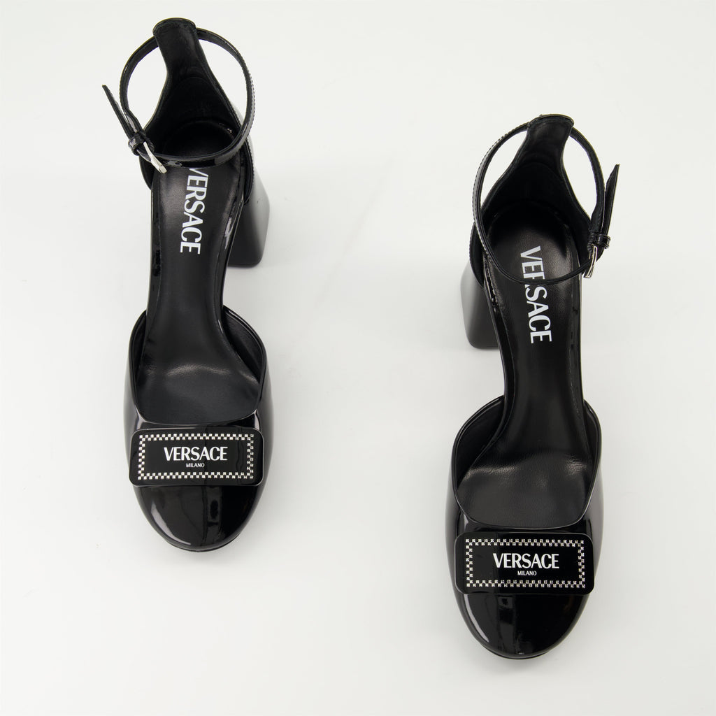 black patent leather heels, Versace shoes, adjustable ankle strap heels, elegant footwear, Spring-Summer collection