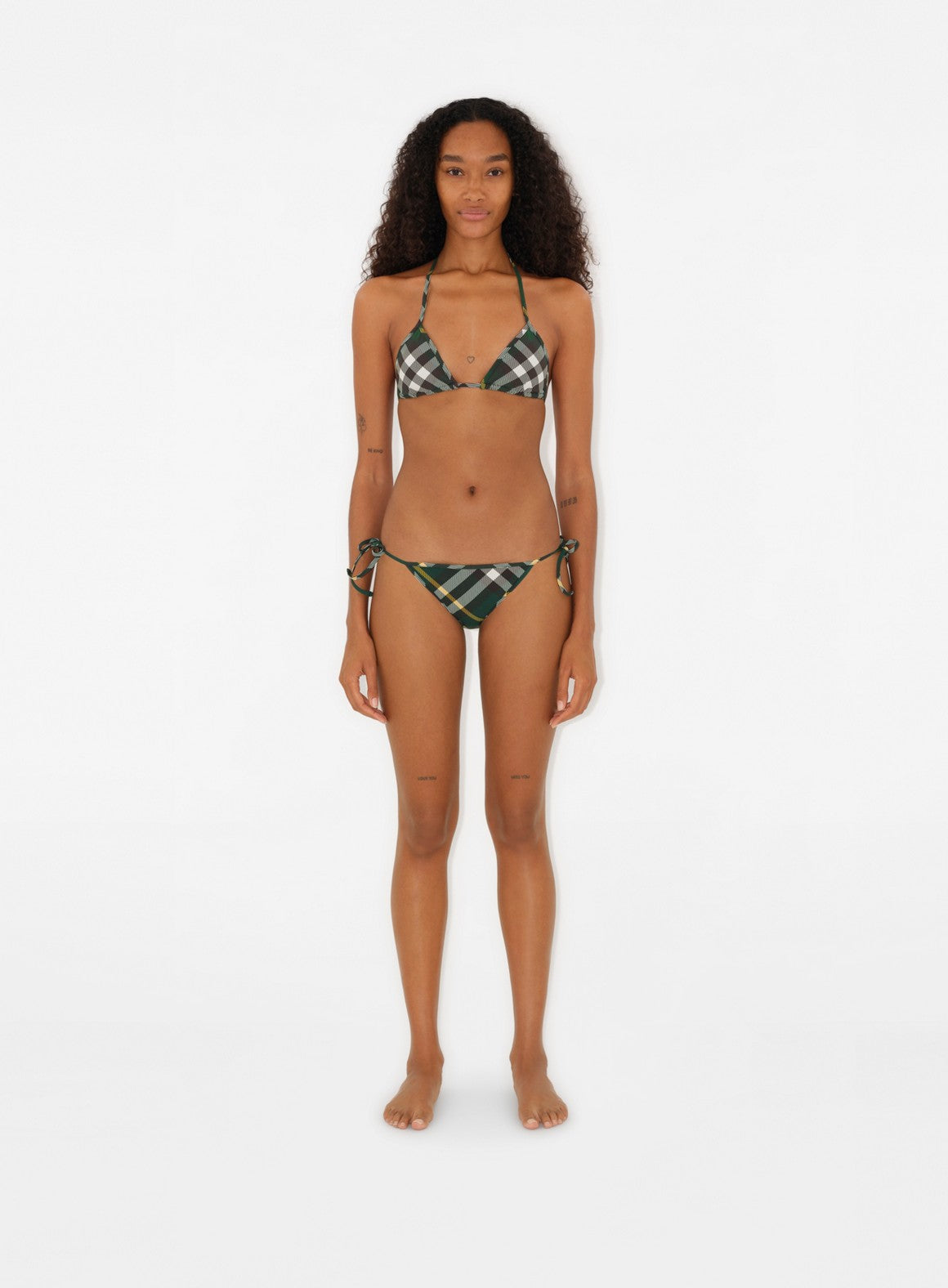 Burberry bikini, green bikini top, luxury swimwear, designer swimwear, checked bikini