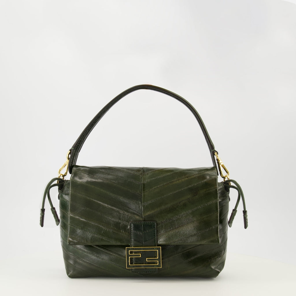 Fendi Mamma Baguette, dark green handbag, luxury accessories, refined design, braided myxine leather
