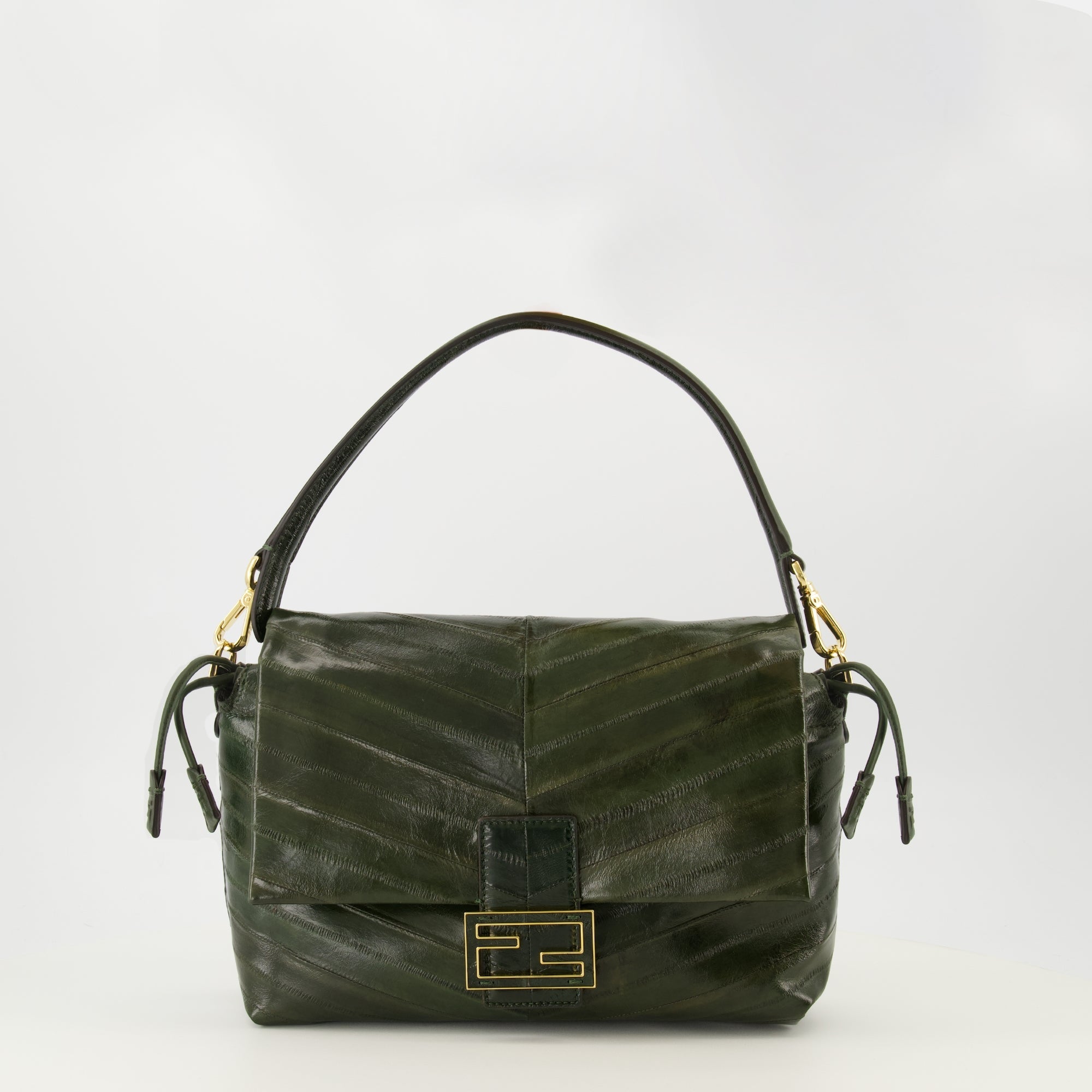 Fendi Mamma Baguette, dark green handbag, luxury accessories, refined design, braided myxine leather
