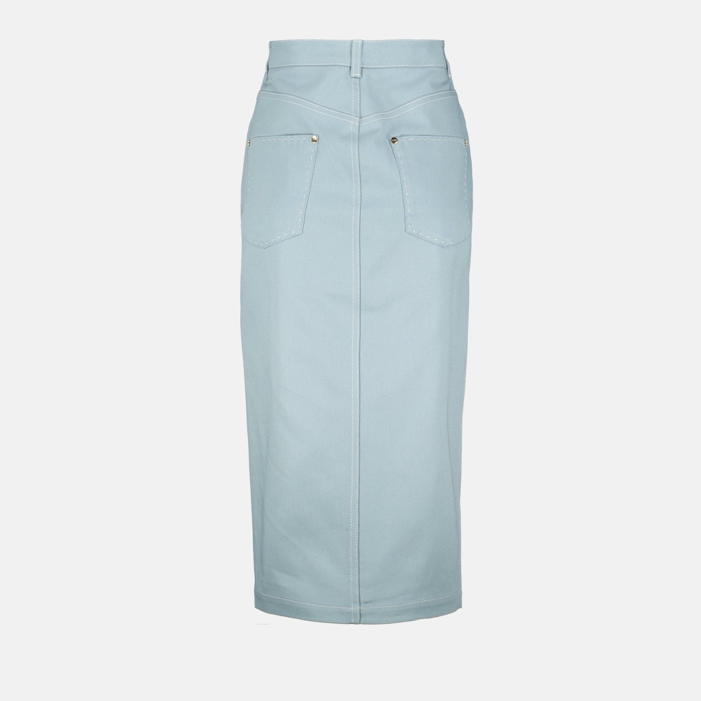 Fendi denim skirt, pastel blue midi skirt, luxury fashion, Spring-Summer 2024, high-end womenswear