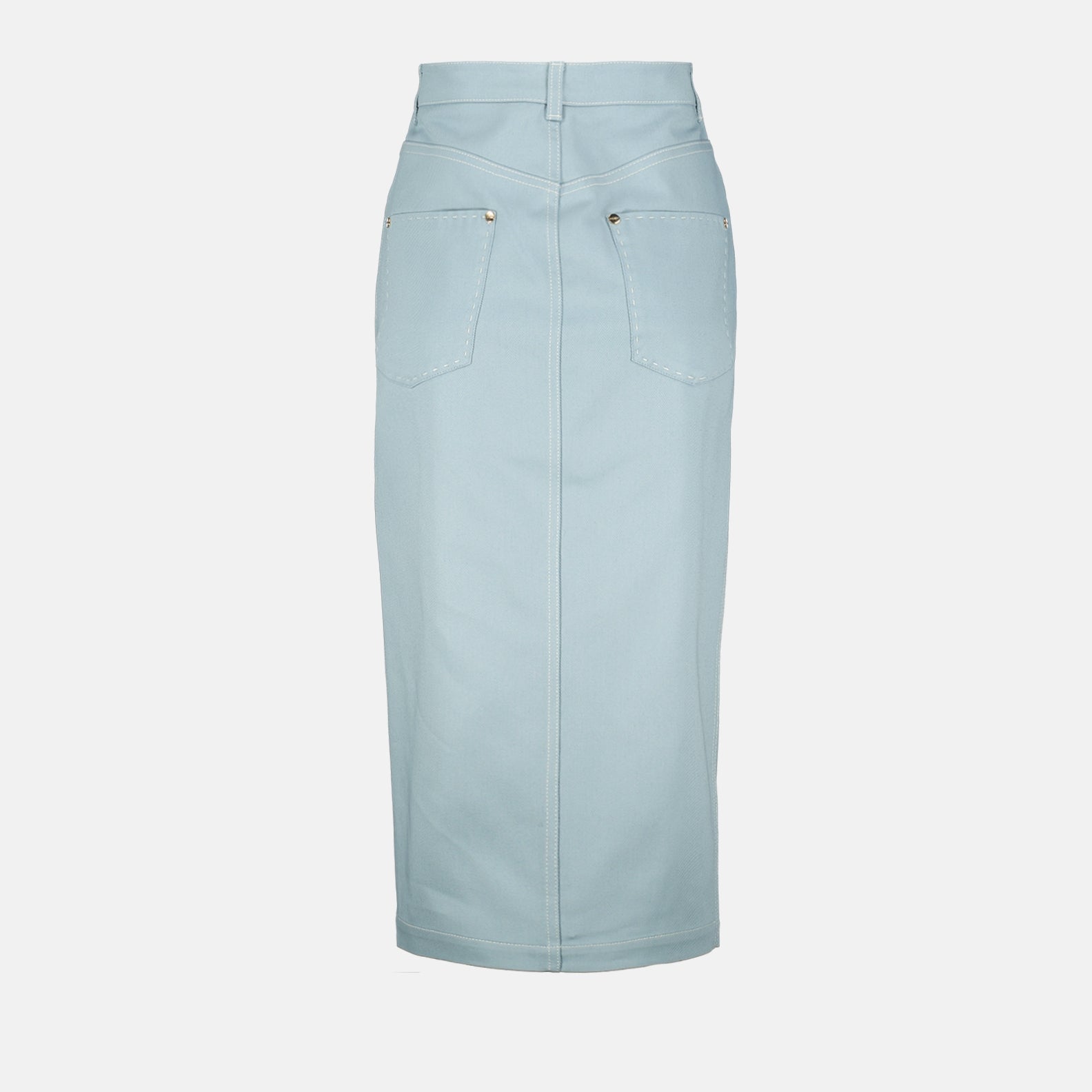 Fendi denim skirt, pastel blue midi skirt, luxury fashion, Spring-Summer 2024, high-end womenswear