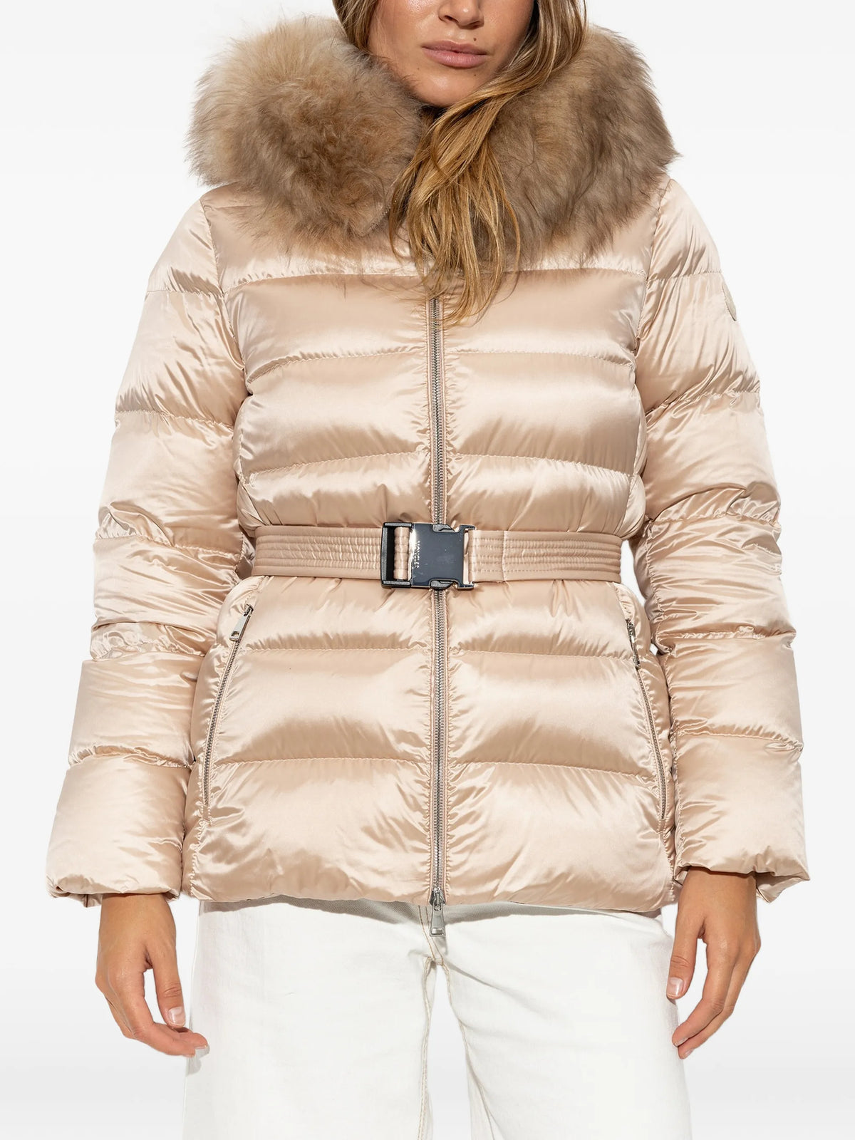 Image of Cupidones Pink Down Jacket by Moncler for Women - Season Autumn-Winter 2026 - Model View 2