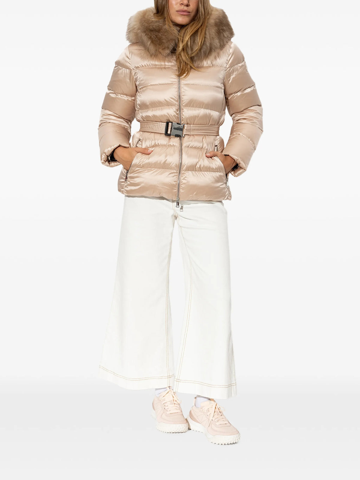 Image of Cupidones Pink Down Jacket by Moncler for Women - Season Autumn-Winter 2026 - Model View 1