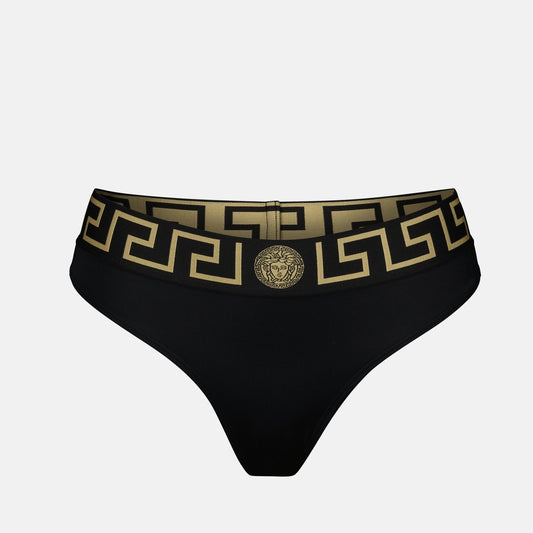 Versace bikini bottom, Medusa Greca swimwear, luxury swimwear, black bikini, designer swimwear