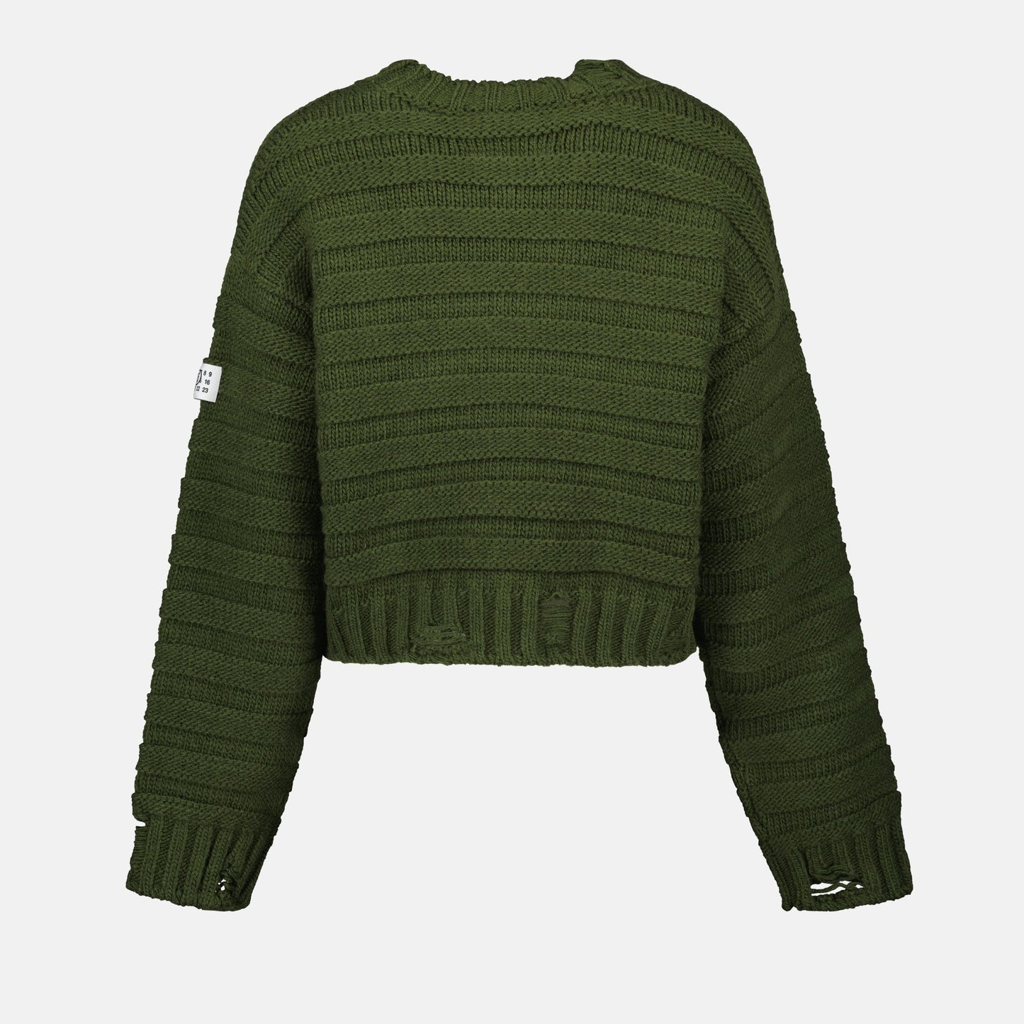 distressed green sweater, ribbed wool sweater, MM6 Autumn-Winter 2024, luxury women's sweaters, high-end fashion