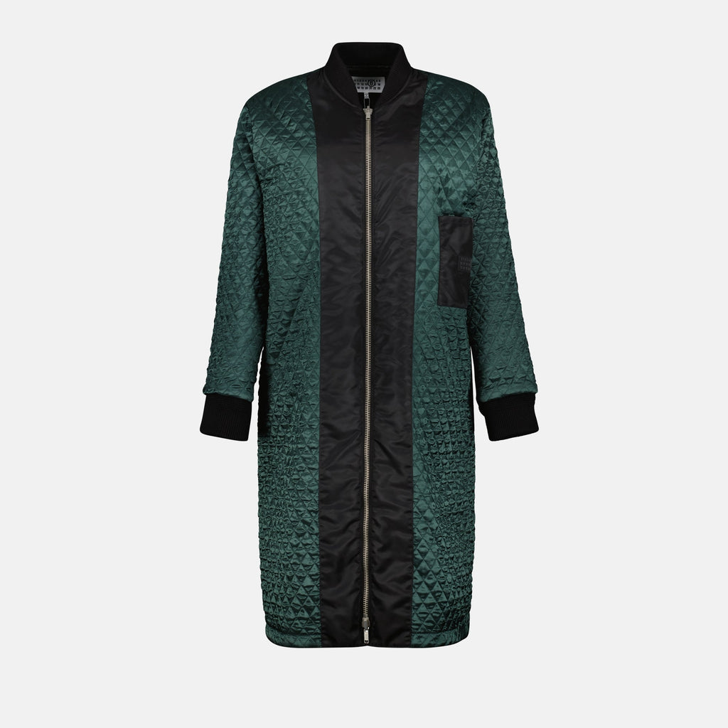 Image d'une veste bomber réversible verte et noire de Mm6 pour femmes - Saison Automne-Hiver 2024 - Vue de face