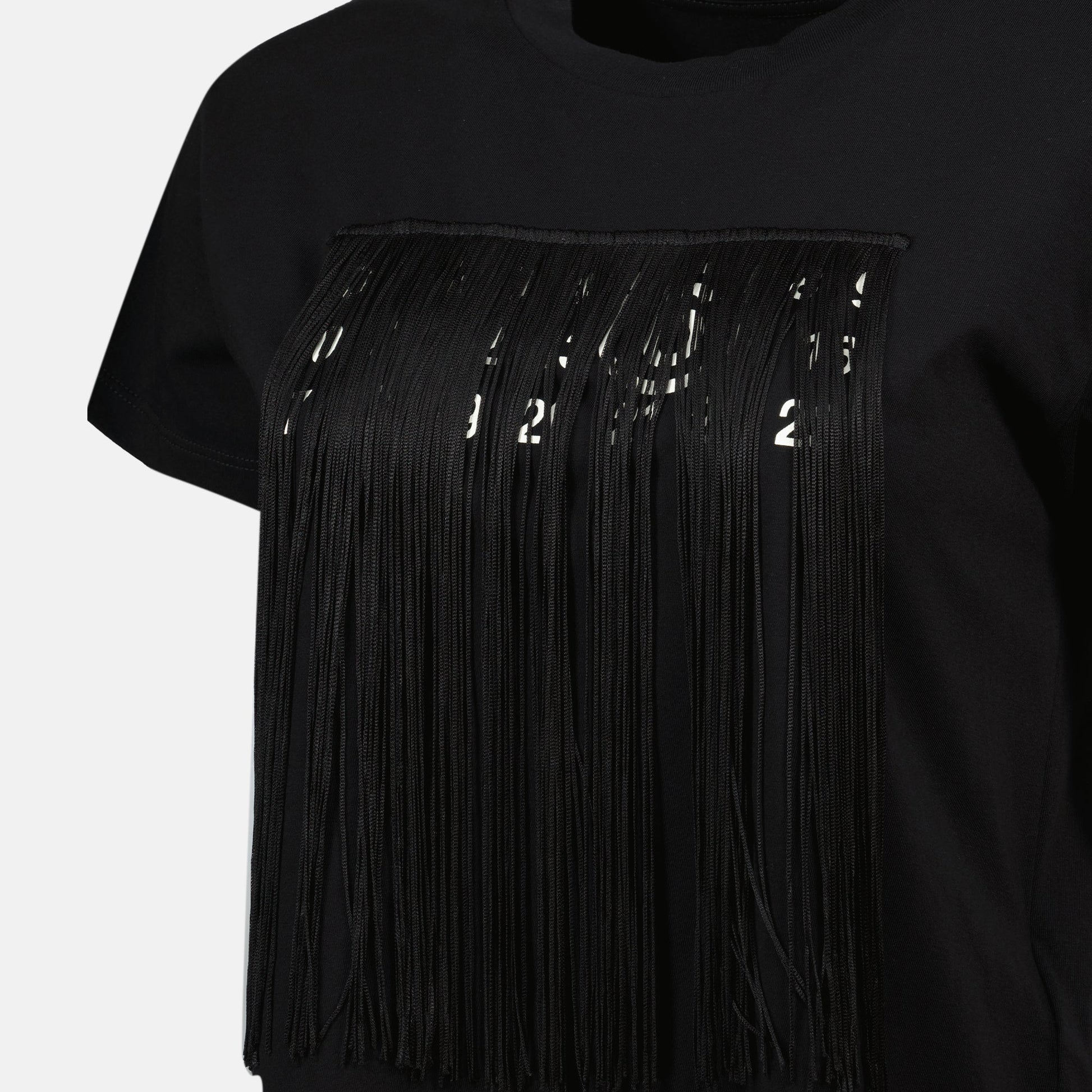 MM6 Numeric T-shirt, Black Fringed T-shirt, Cropped Cotton T-shirt, Designer T-shirts 2025, Chic Black Tops