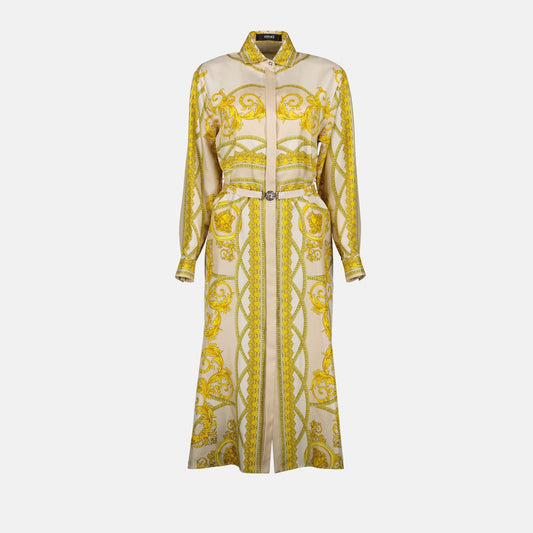 Versace silk dress, luxury shirt dress, Fall-Winter 2024 fashion, La Coupe des Dieux print, elegant women's clothing