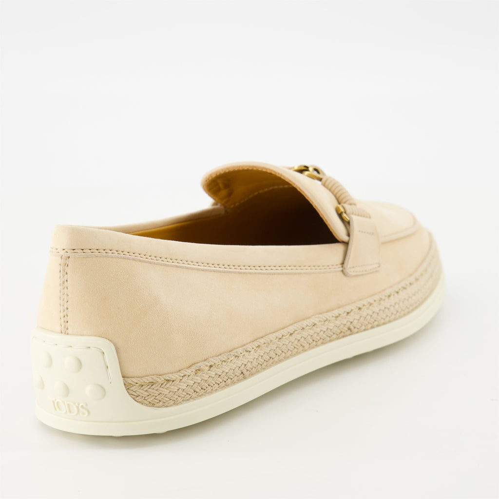 suede moccasins, Tod's footwear, artisanal footwear, beige moccasins, stylish slip-on shoes