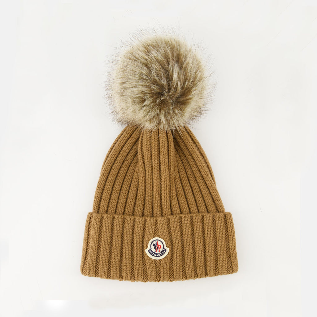Moncler hat, wool hat, brown knitted hat, pompom hat, accessories