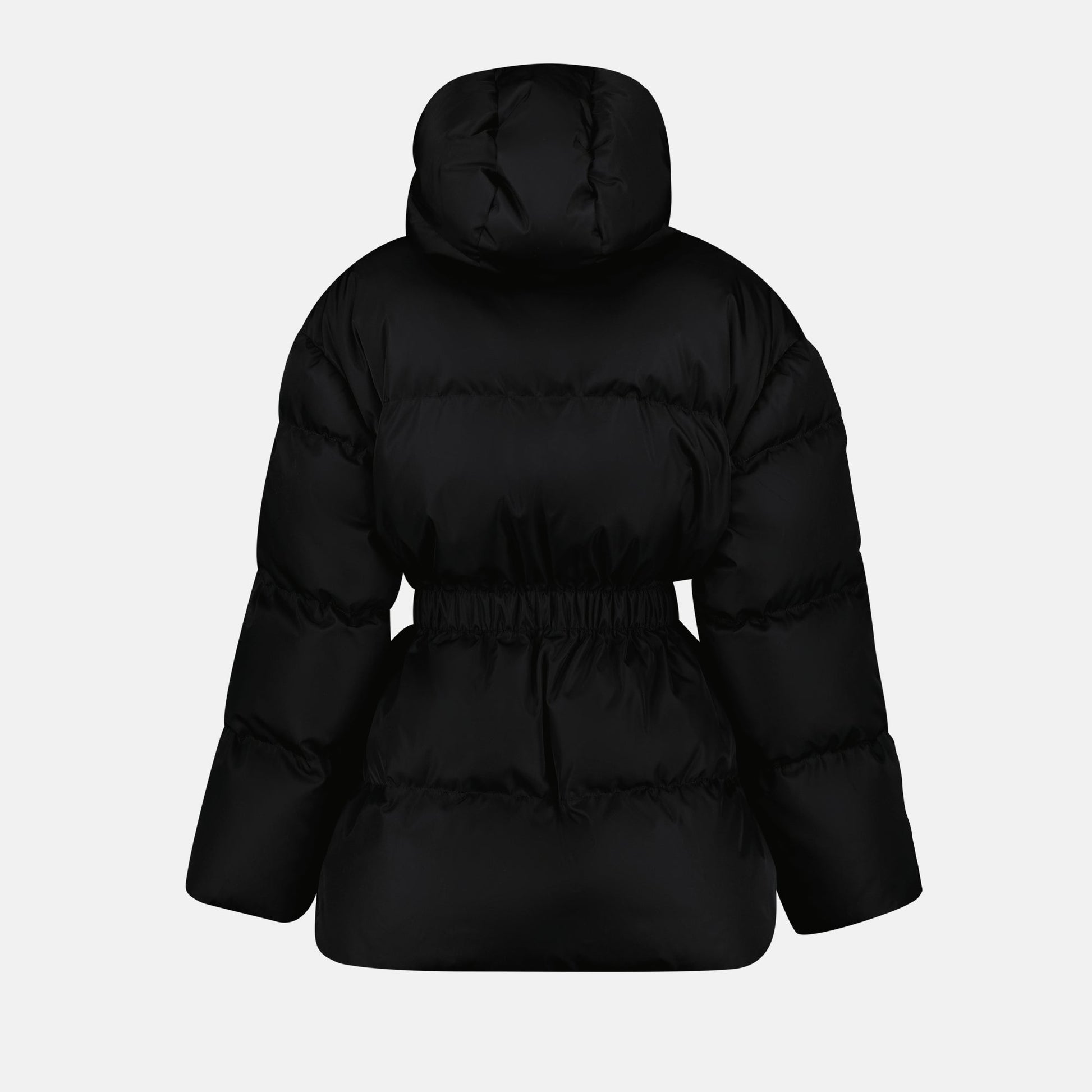 Prada puffer jacket, Re-Nylon jacket, black cinched jacket, sustainable outerwear, luxury winter jacket