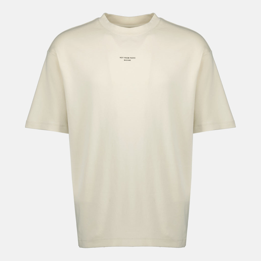 Image of Classic Beige Slogan T-Shirt - Drôle de Monsieur by Drole De Monsieur for Men - Season Spring-Summer 2026 - Front View