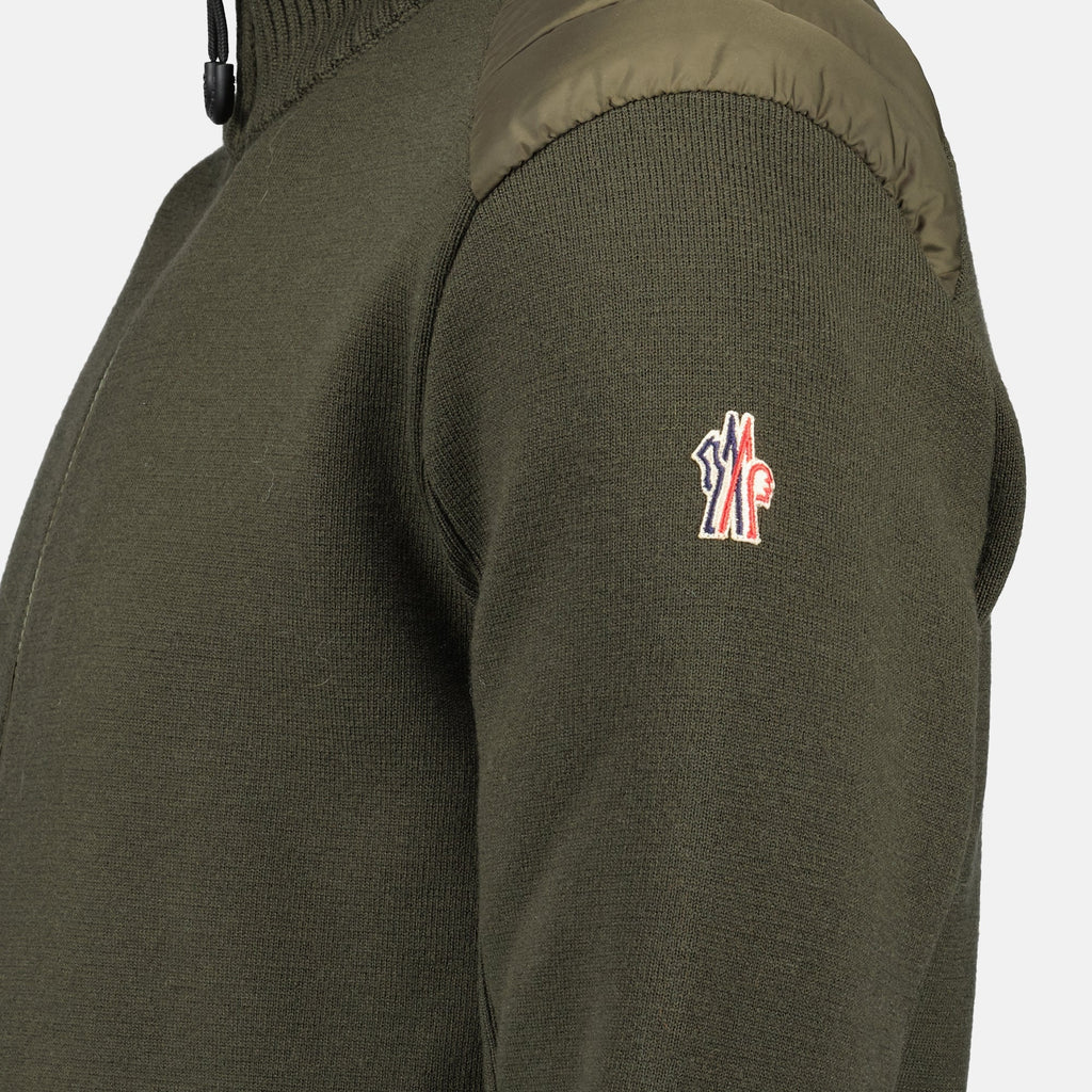 Moncler Grenoble cardigan, quilted wool cardigan, men's knitwear, zip sweater, khaki outerwear