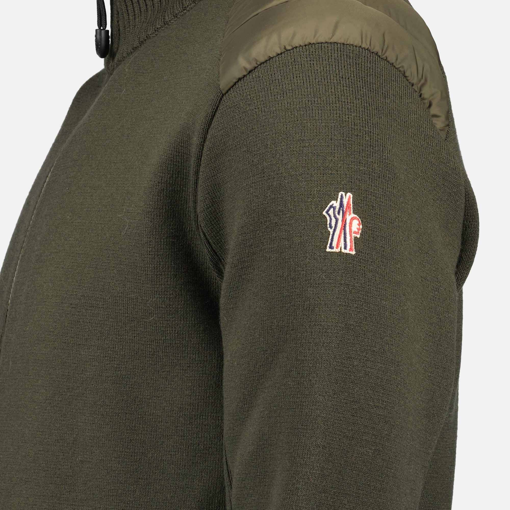 Moncler Grenoble cardigan, quilted wool cardigan, men's knitwear, zip sweater, khaki outerwear