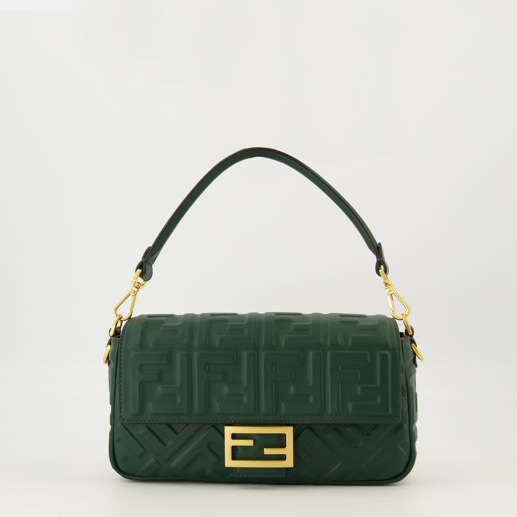Fendi baguette bag, dark green leather bag, 2025 collection bag, FF logo handbag, luxury fashion accessories