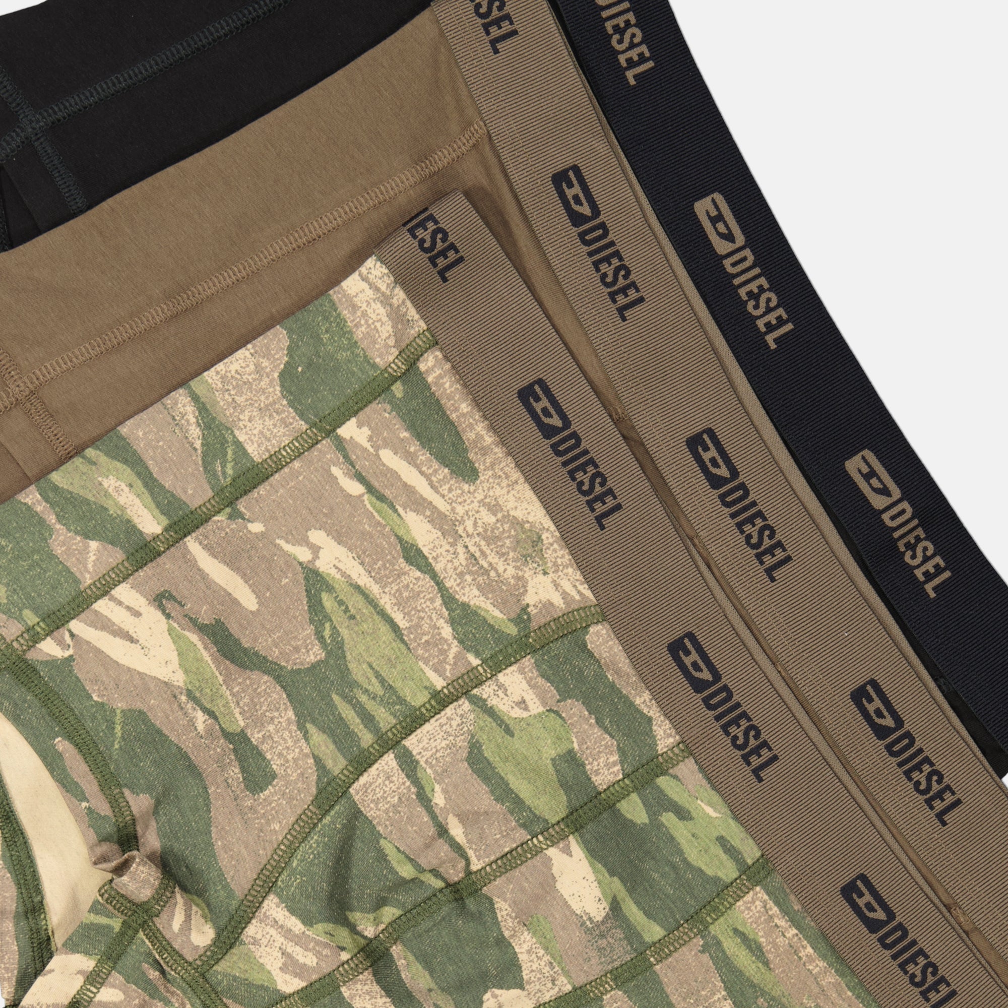 boxer briefs, Diesel underwear, men's essentials, black and brown boxers, military print