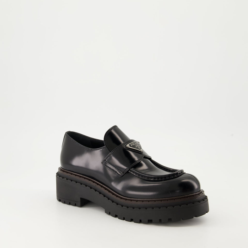   Prada moccasins, black leather shoes, Autumn-Winter 2024, luxury footwear, brushed leather moccasins  