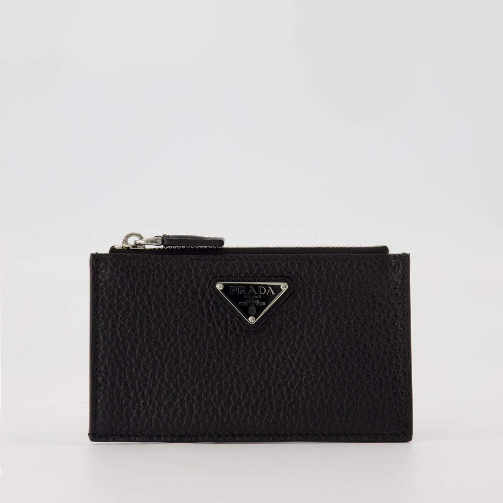 Prada card holder, black leather accessory, grained calf leather, zippered wallet, men's accessories