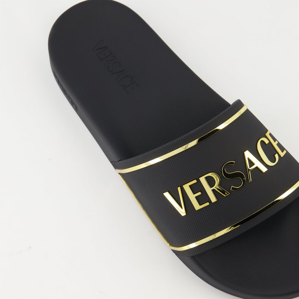gold logo slides, Versace slides, comfortable rubber footwear, contemporary slides, stylish casual footwear