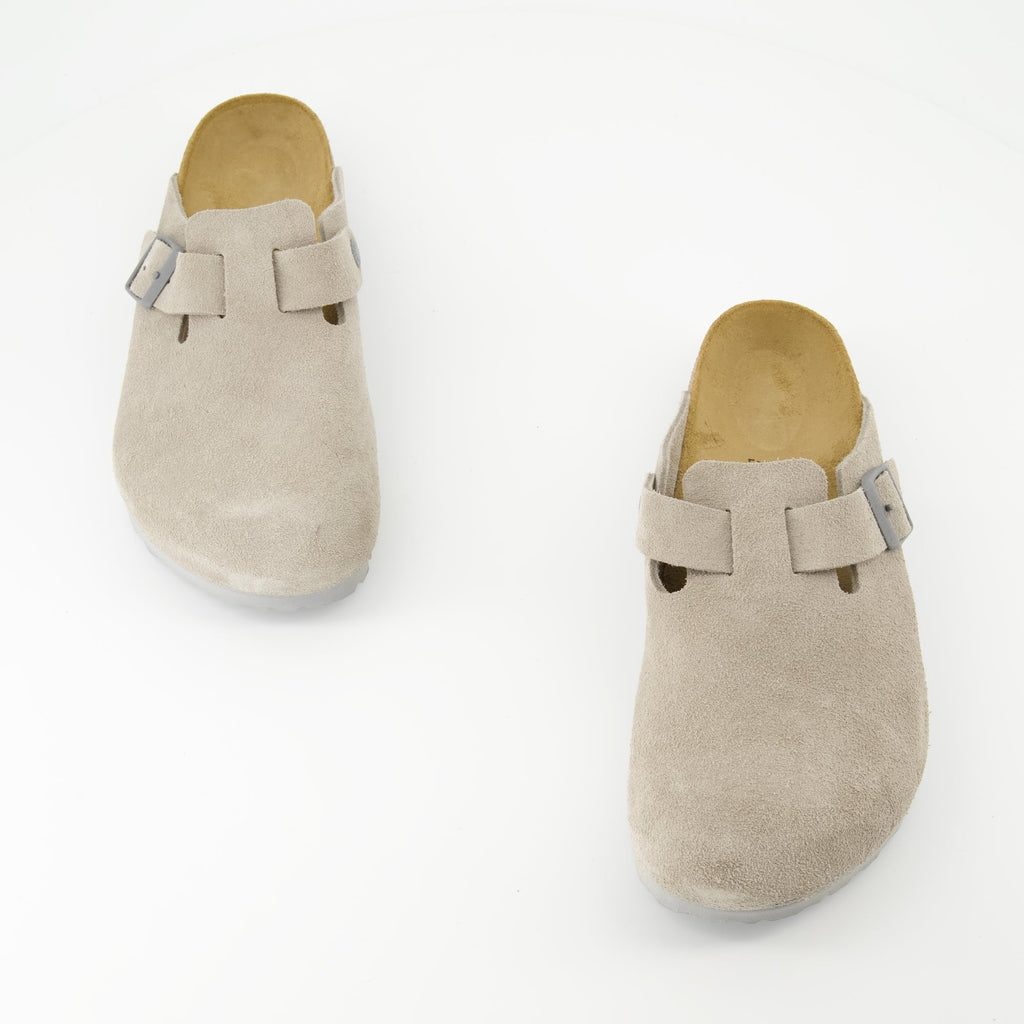Boston Mules, Birkenstock, gray mules, comfortable footwear, nubuck leather