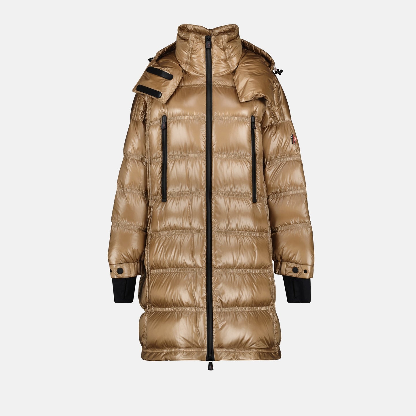 long puffer coat, Moncler Grenoble, high-neck coat, beige winter coat, women's luxury outerwear