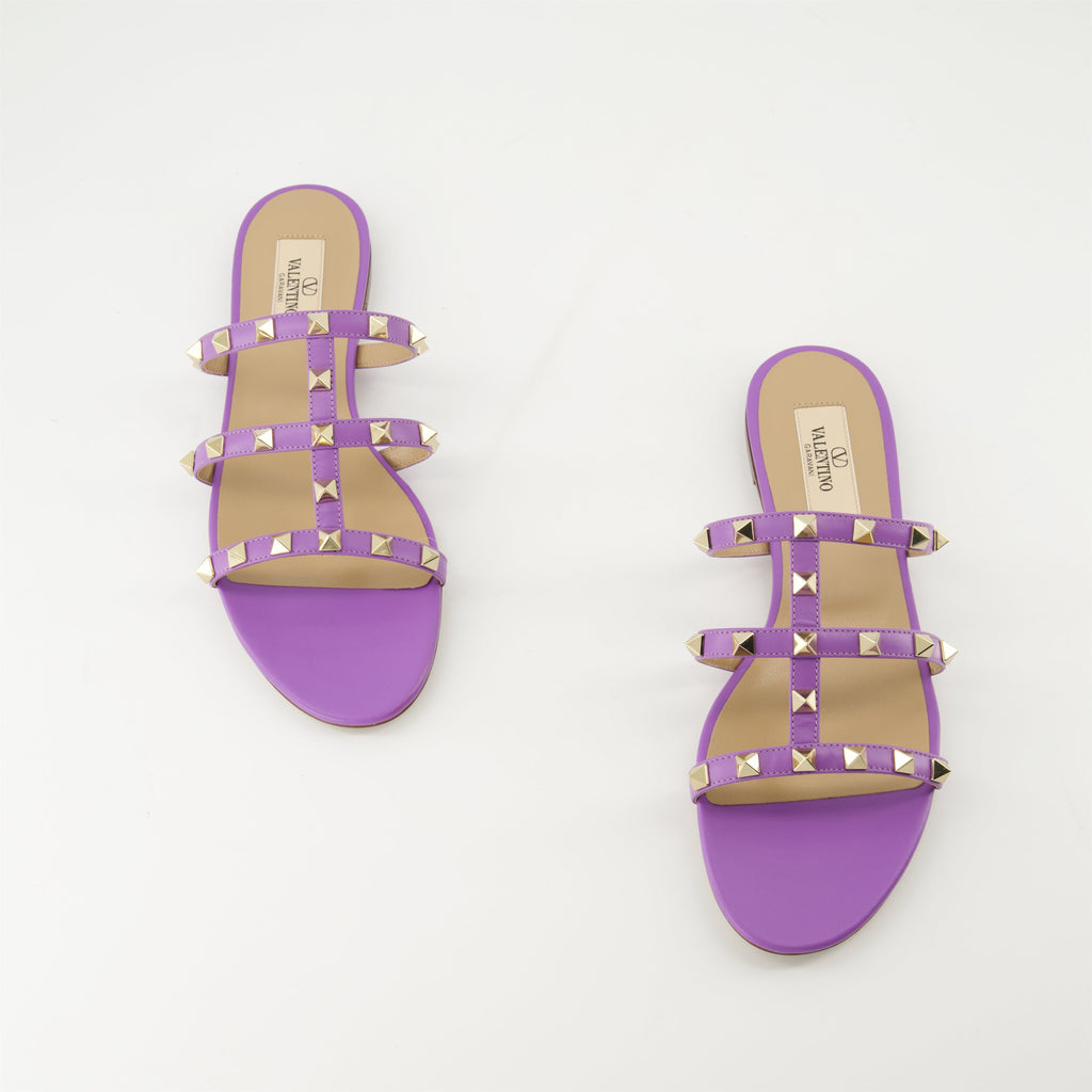 Rockstud sandals, violet leather sandals, designer footwear, spring-summer collection, stylish strap sandals