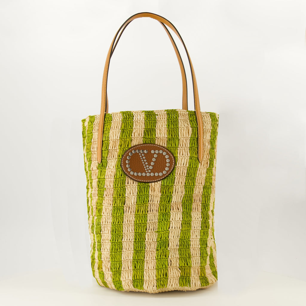 Borsa in Raffia con Strisce Verdi