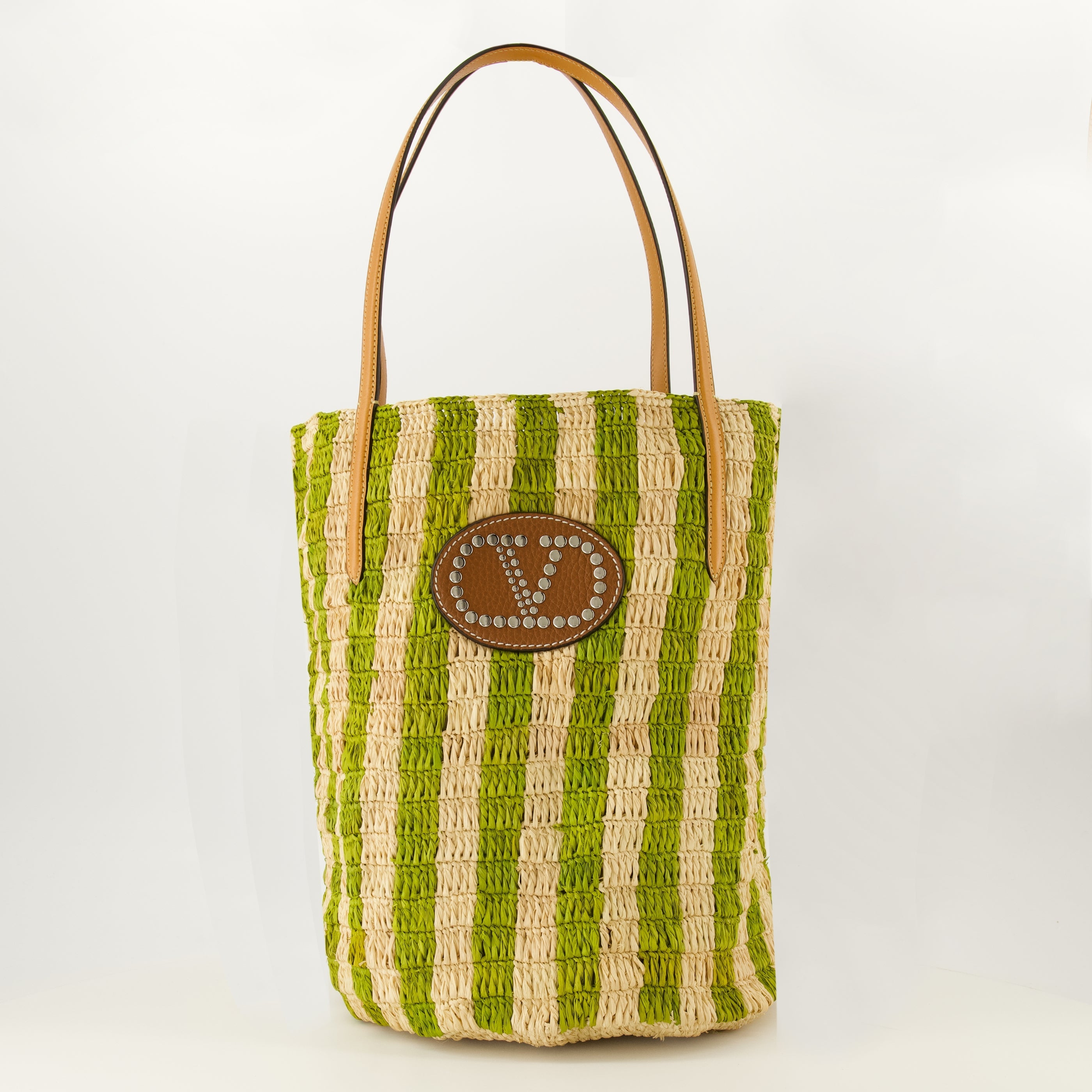 Borsa in Raffia con Strisce Verdi