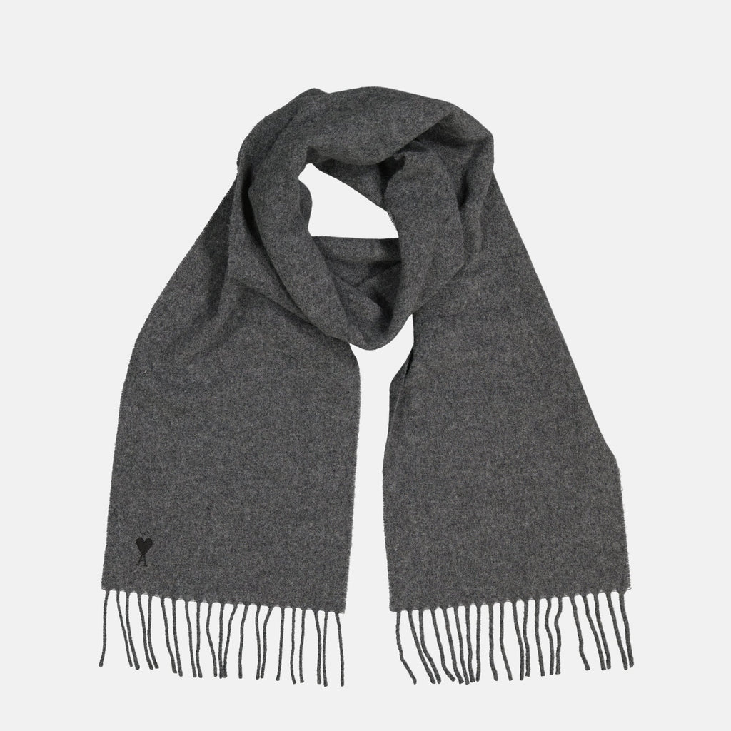 grey wool scarf, Ami Paris, fringed edges, Autumn-Winter 2025, unisex scarf