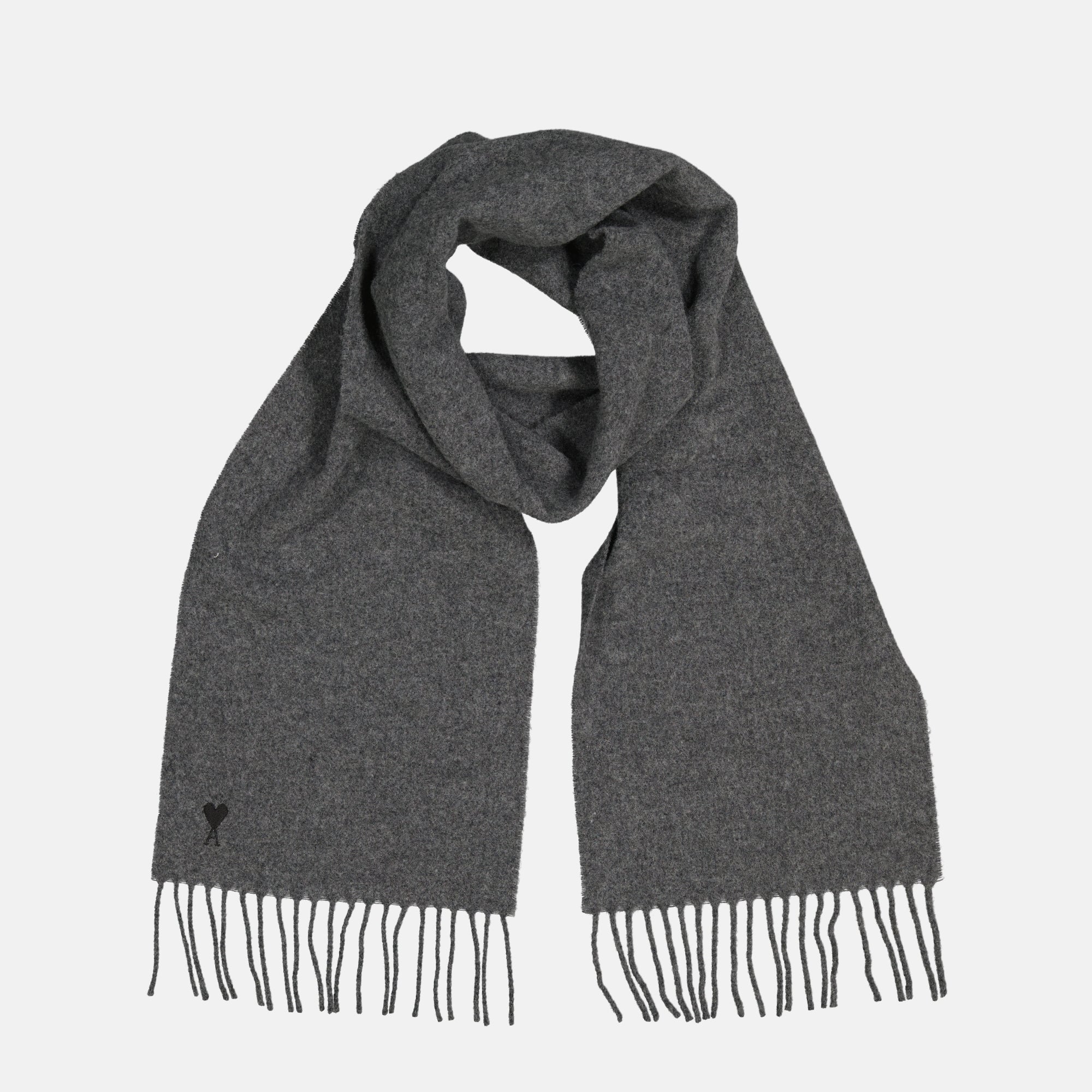 grey wool scarf, Ami Paris, fringed edges, Autumn-Winter 2025, unisex scarf
