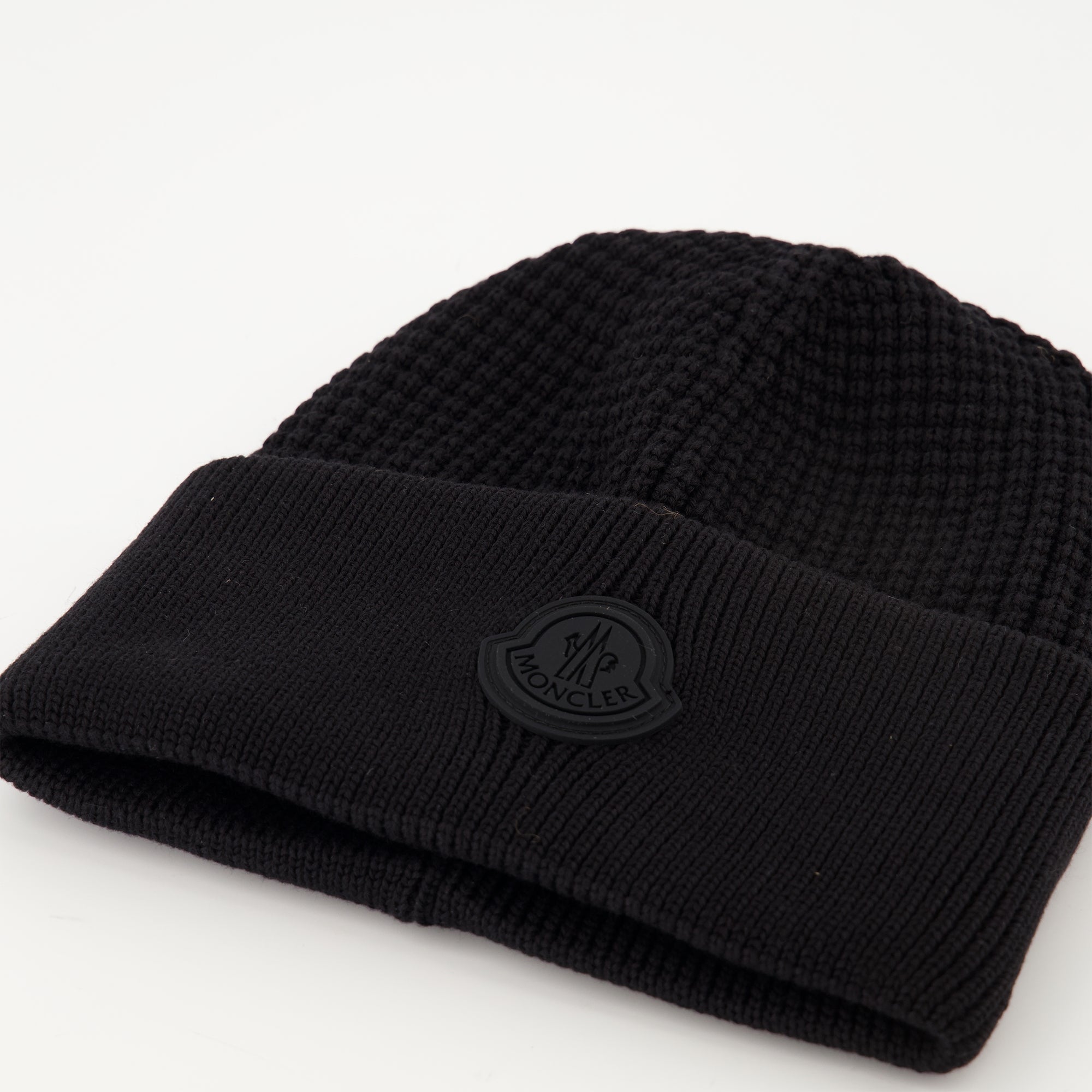 Moncler beanie, cotton hat, ribbed knit, black logo beanie, winter accessory