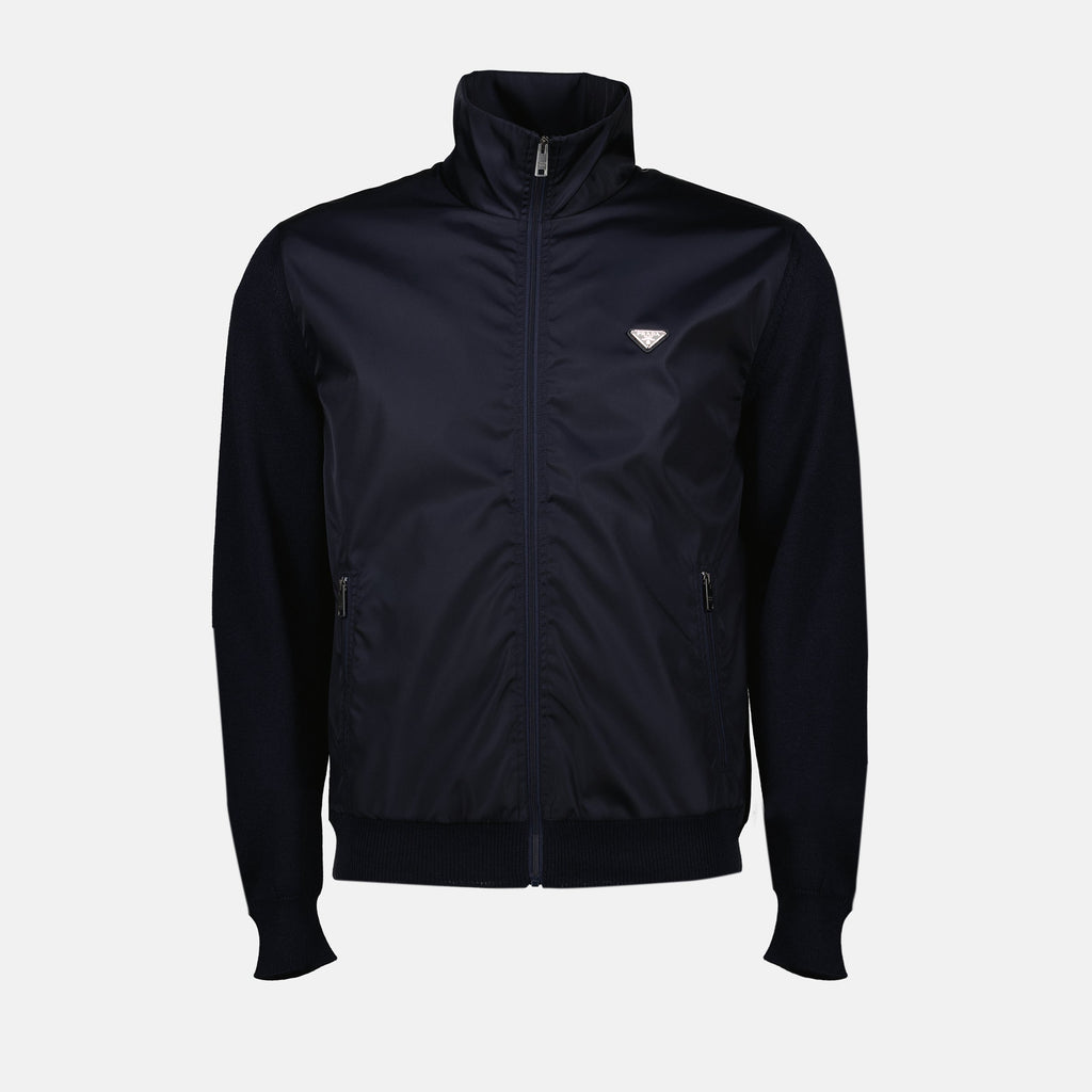 Prada jacket, navy bi-material jacket, recycled materials outerwear, high collar jacket, Autumn-Winter 2025 collection