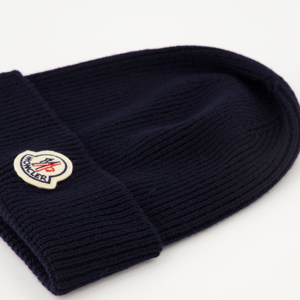 Moncler beanie, navy wool hat, pull-on beanie, winter accessories, felt logo beanie