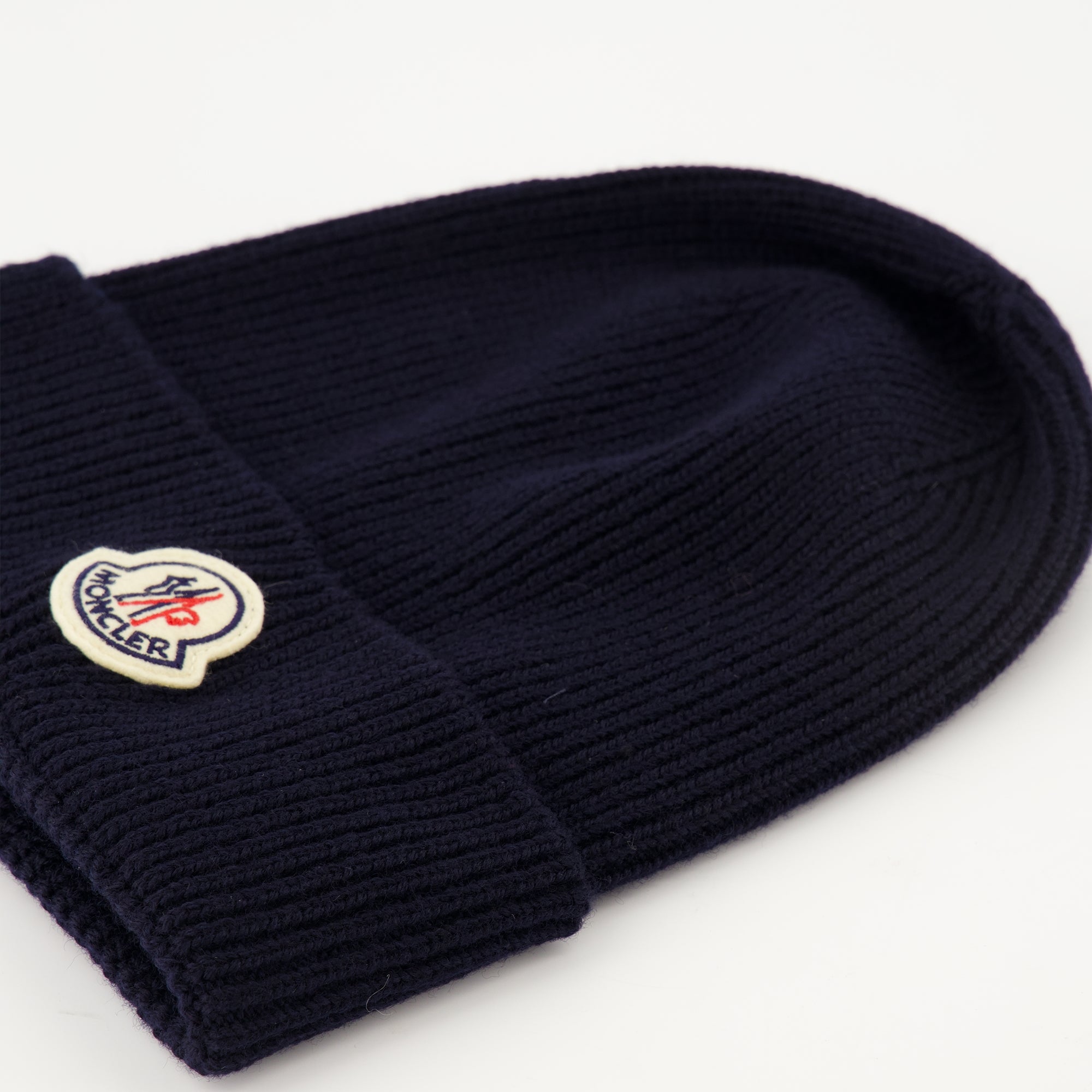 Moncler beanie, navy wool hat, pull-on beanie, winter accessories, felt logo beanie