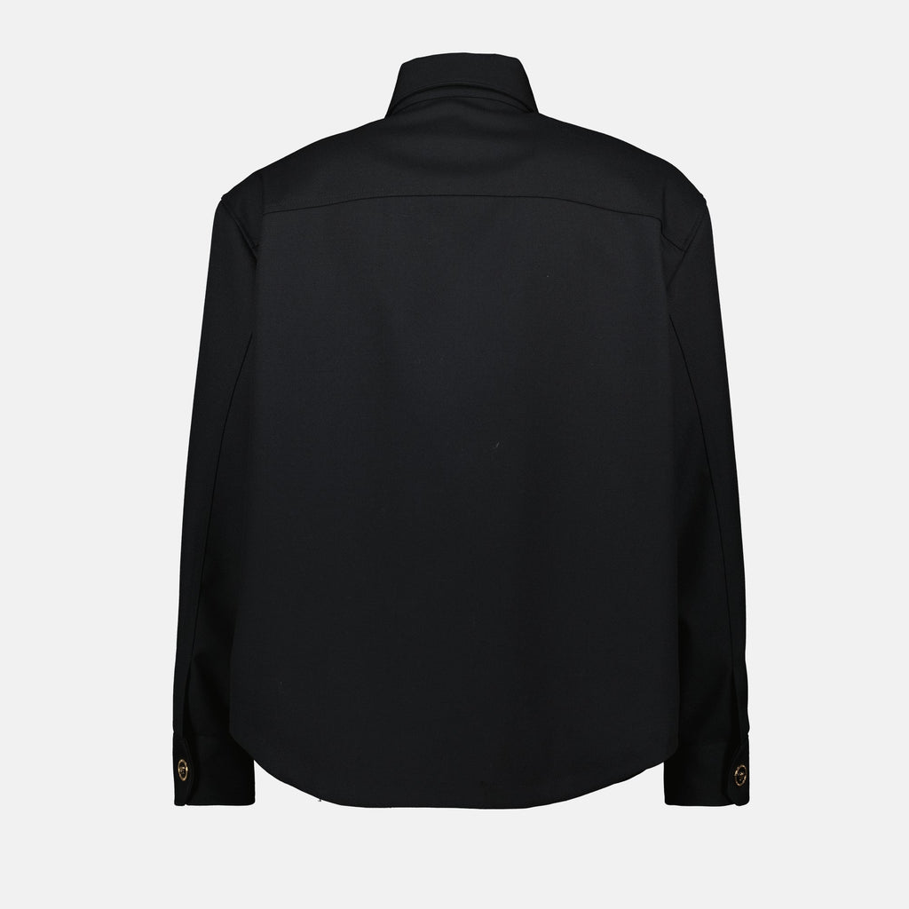 black wool shirt, classic collar shirt, Medusa detail shirt, men's shirts, elegant everyday wear
