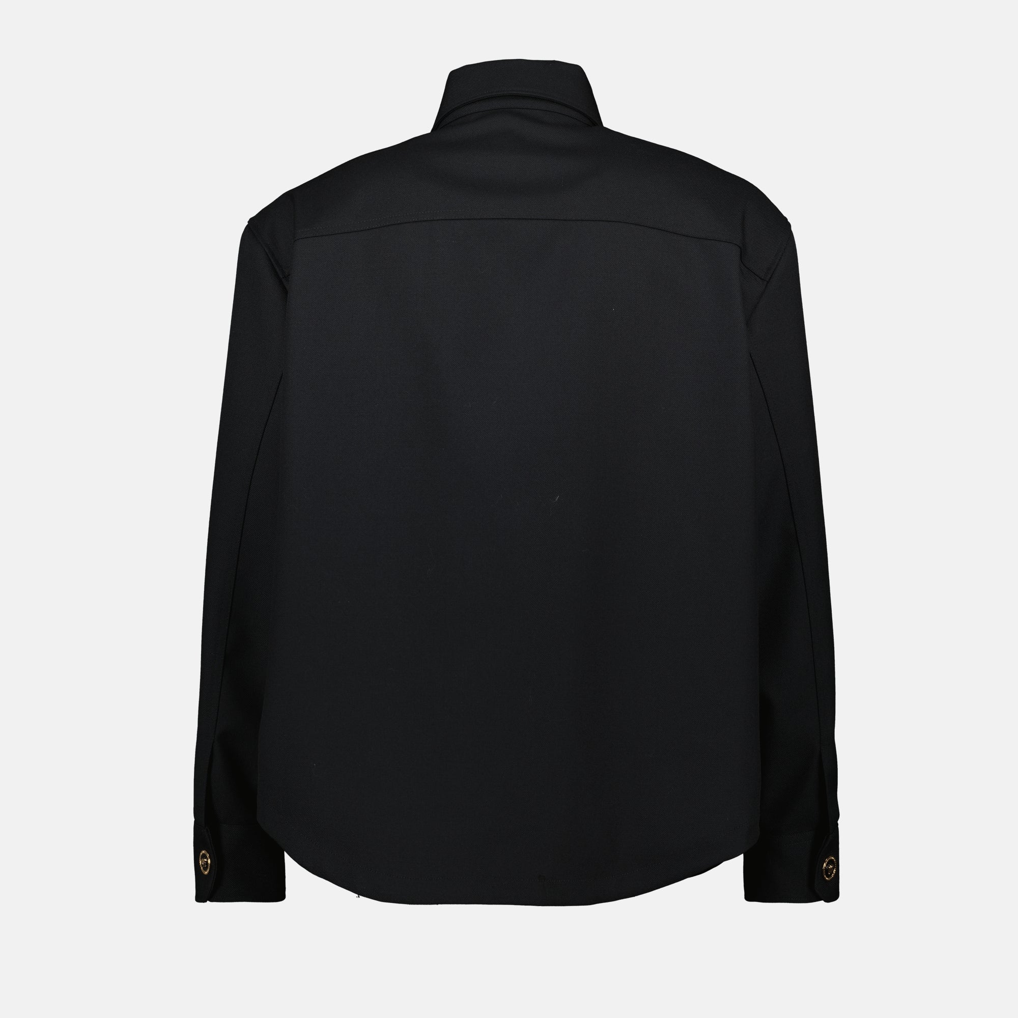 black wool shirt, classic collar shirt, Medusa detail shirt, men's shirts, elegant everyday wear