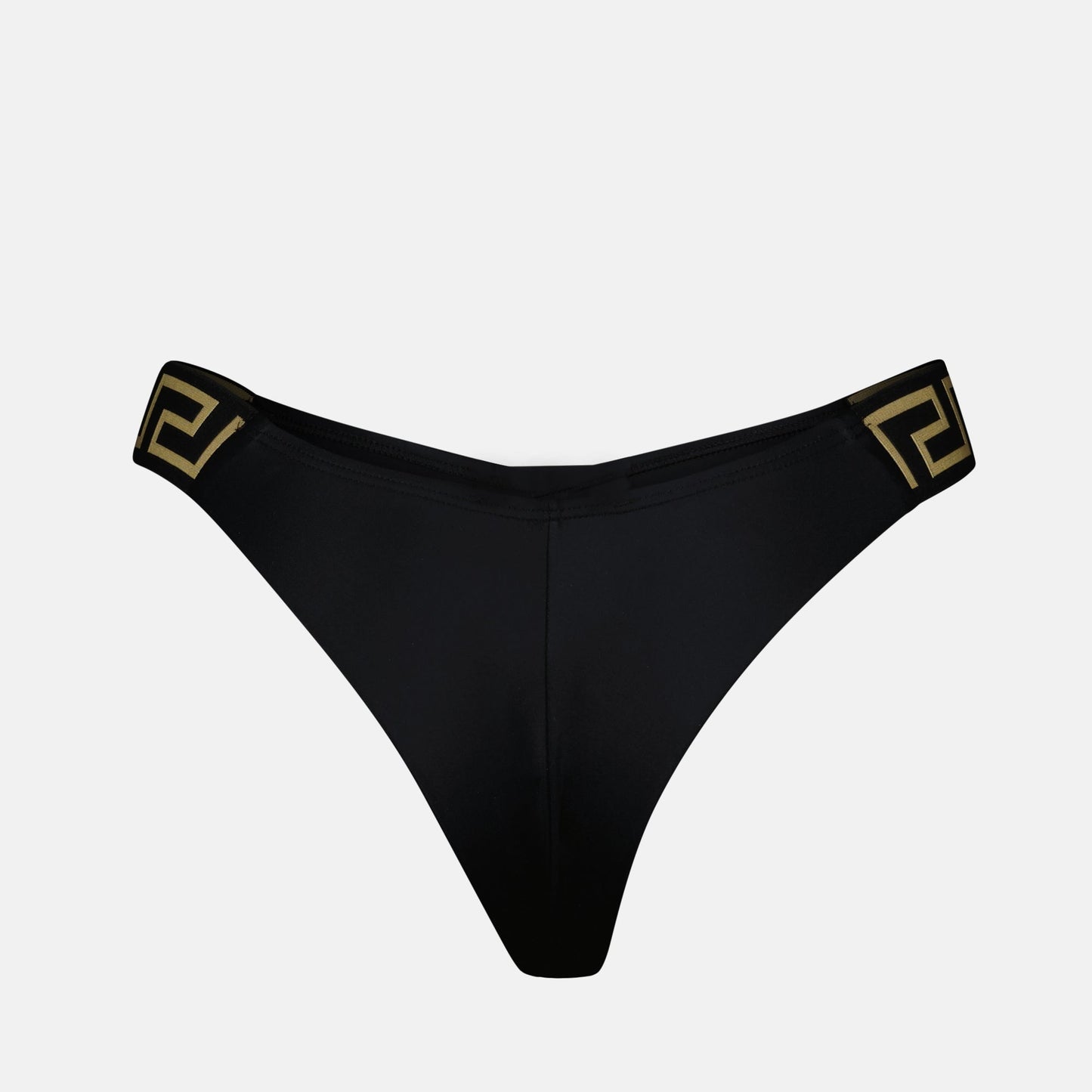 Versace, bikini bottoms, Greca pattern, luxury swimwear, black bikini